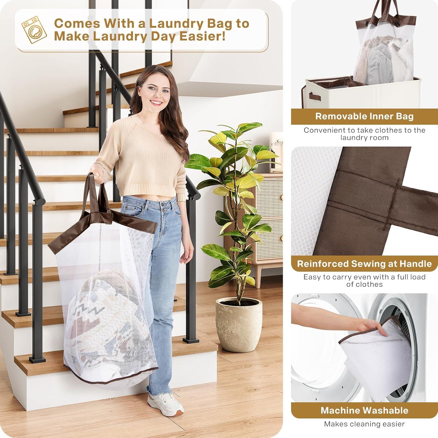 imageSOLEDI Double Laundry Hamper with Lid and Removable bag Large Laundry Basket 2 Section with handles Collapsible Dirty Clothes Hampers for Laundry Bedroom Dorm CollegeOff White