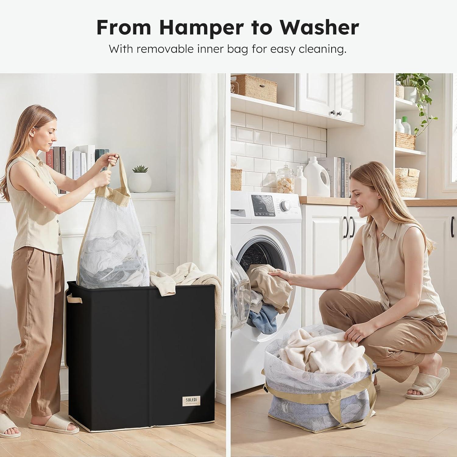 imageSOLEDI Double Laundry Hamper with Lid and Removable bag Large Laundry Basket 2 Section with handles Collapsible Dirty Clothes Hampers for Laundry Bedroom Dorm CollegeBlack
