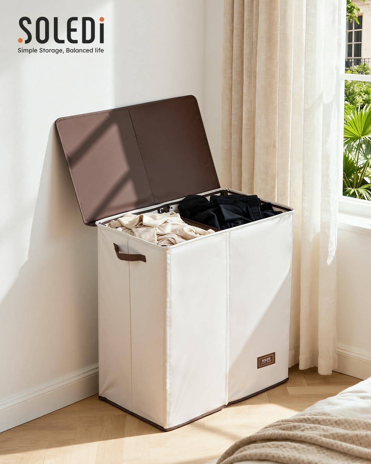 imageSOLEDI Double Laundry Hamper with Lid and Removable bag Large Laundry Basket 2 Section with handles Collapsible Dirty Clothes Hampers for Laundry Bedroom Dorm CollegeOff White