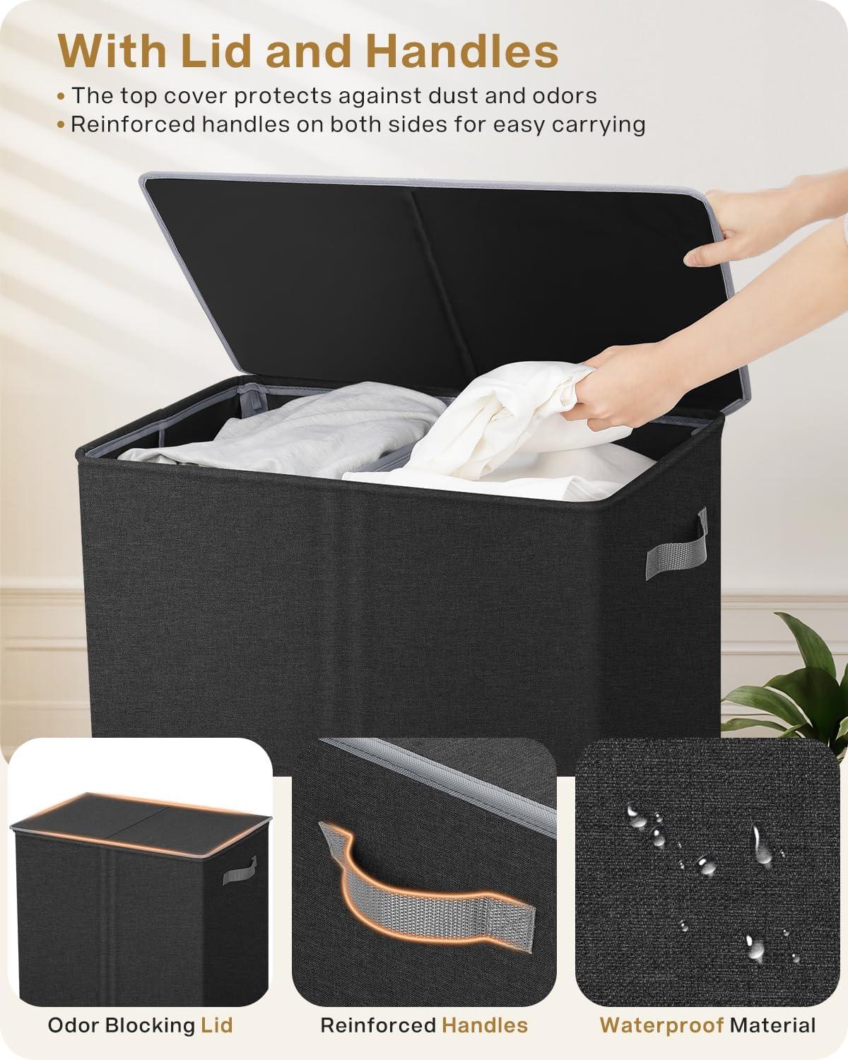 imageSOLEDI Double Laundry Hamper with Lid and Removable bag Large Laundry Basket 2 Section with handles Collapsible Dirty Clothes Hampers for Laundry Bedroom Dorm CollegeDark Grey