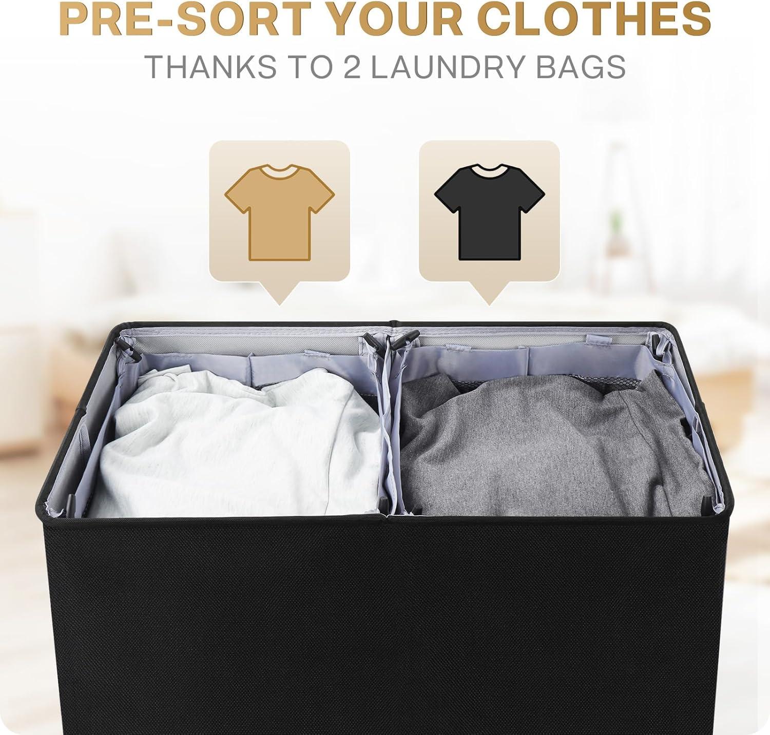 imageSOLEDI Double Laundry Hamper with Lid and Removable bag Large Laundry Basket 2 Section with handles Collapsible Dirty Clothes Hampers for Laundry Bedroom Dorm CollegeBlack