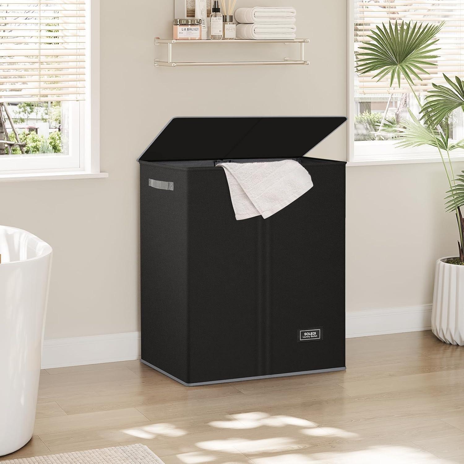 imageSOLEDI Double Laundry Hamper with Lid and Removable bag Large Laundry Basket 2 Section with handles Collapsible Dirty Clothes Hampers for Laundry Bedroom Dorm CollegeBlack