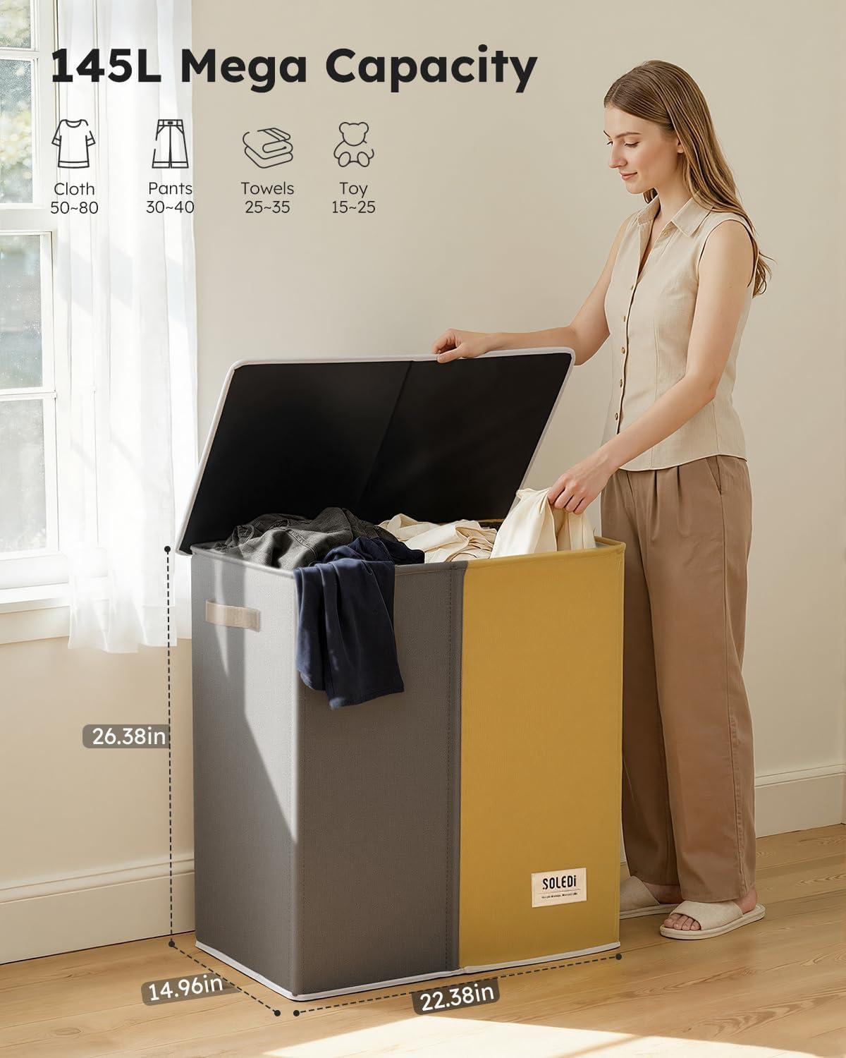 imageSOLEDI Double Laundry Hamper with Lid and Removable bag Large Laundry Basket 2 Section with handles Collapsible Dirty Clothes Hampers for Laundry Bedroom Dorm CollegeMango YellowConcrete Gray