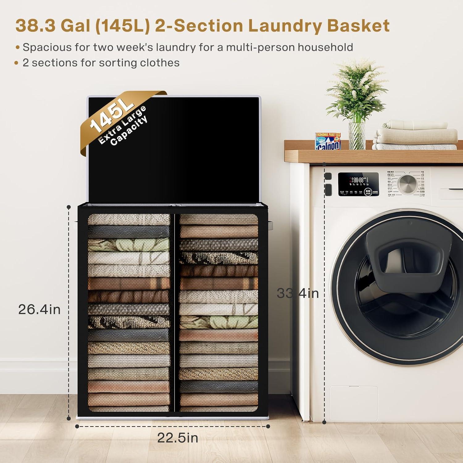 imageSOLEDI Double Laundry Hamper with Lid and Removable bag Large Laundry Basket 2 Section with handles Collapsible Dirty Clothes Hampers for Laundry Bedroom Dorm CollegeBlack
