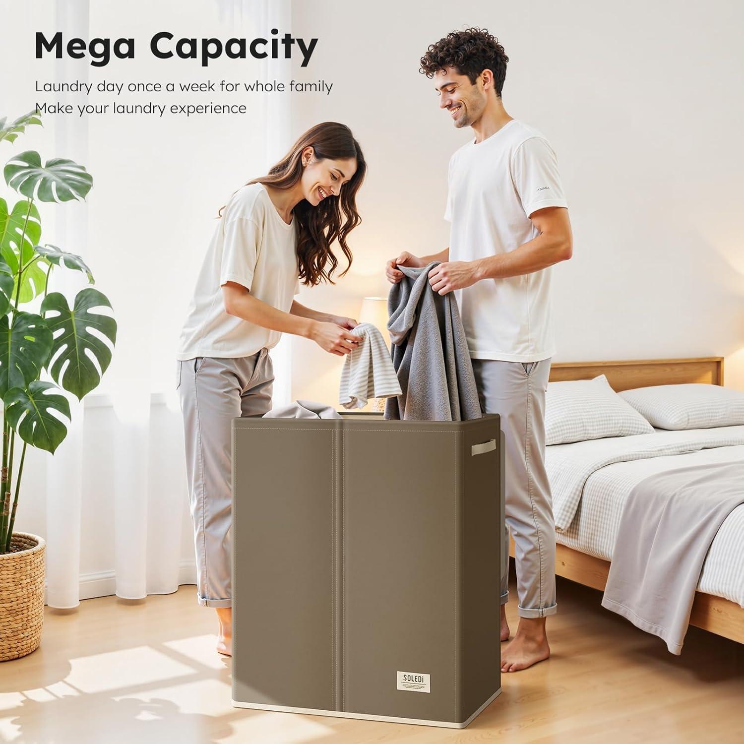 imageSOLEDI Double Laundry Hamper with Lid and Removable bag Large Laundry Basket 2 Section with handles Collapsible Dirty Clothes Hampers for Laundry Bedroom Dorm CollegeChocolate Brown