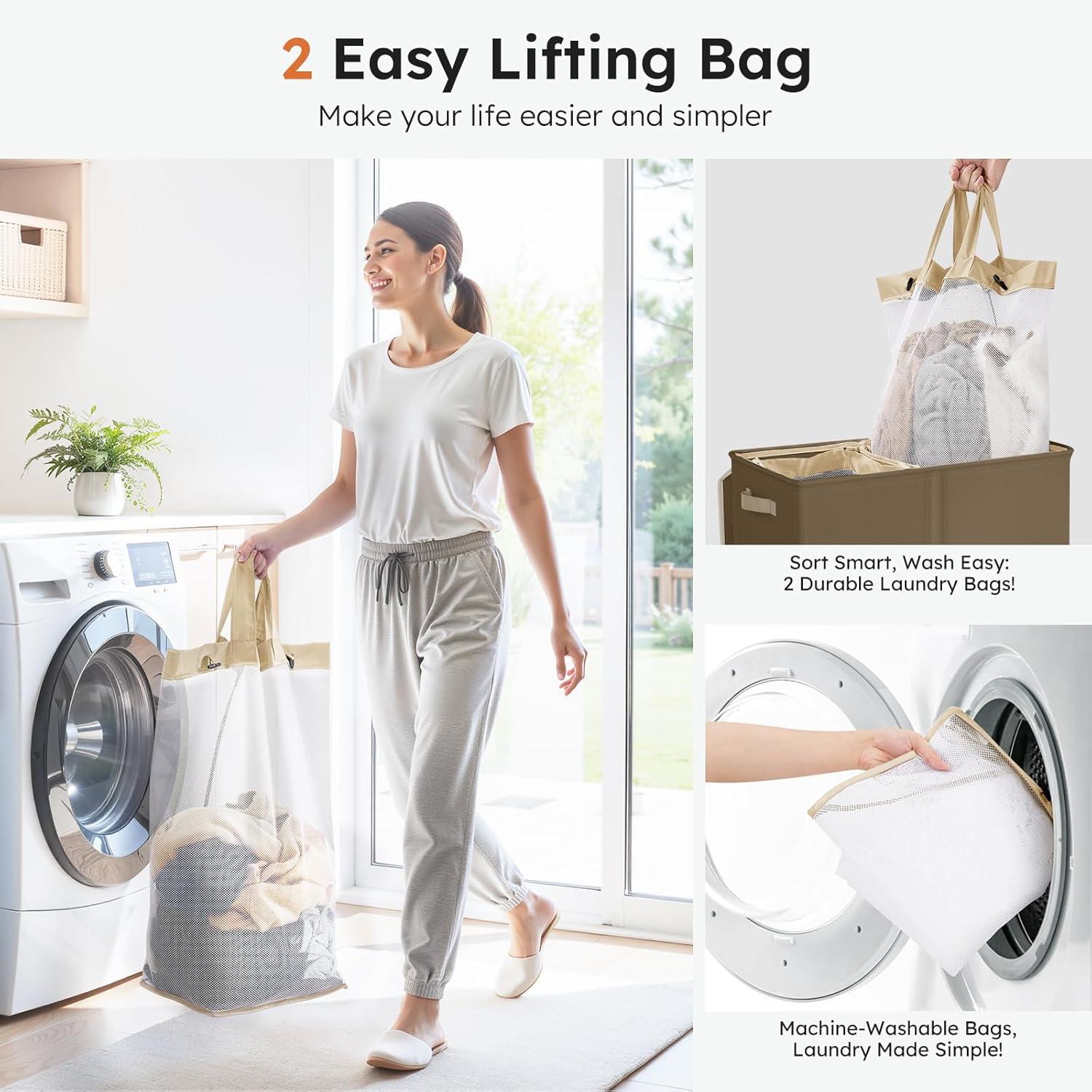 imageSOLEDI Double Laundry Hamper with Lid and Removable bag Large Laundry Basket 2 Section with handles Collapsible Dirty Clothes Hampers for Laundry Bedroom Dorm CollegeChocolate Brown