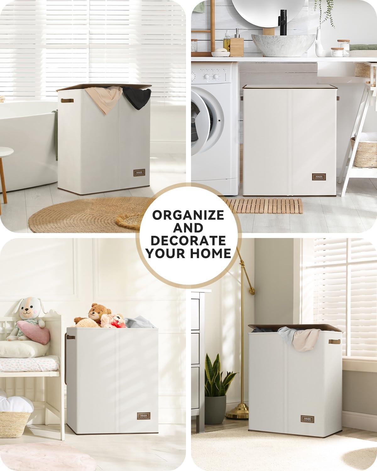 imageSOLEDI Double Laundry Hamper with Lid and Removable bag Large Laundry Basket 2 Section with handles Collapsible Dirty Clothes Hampers for Laundry Bedroom Dorm CollegeOff White