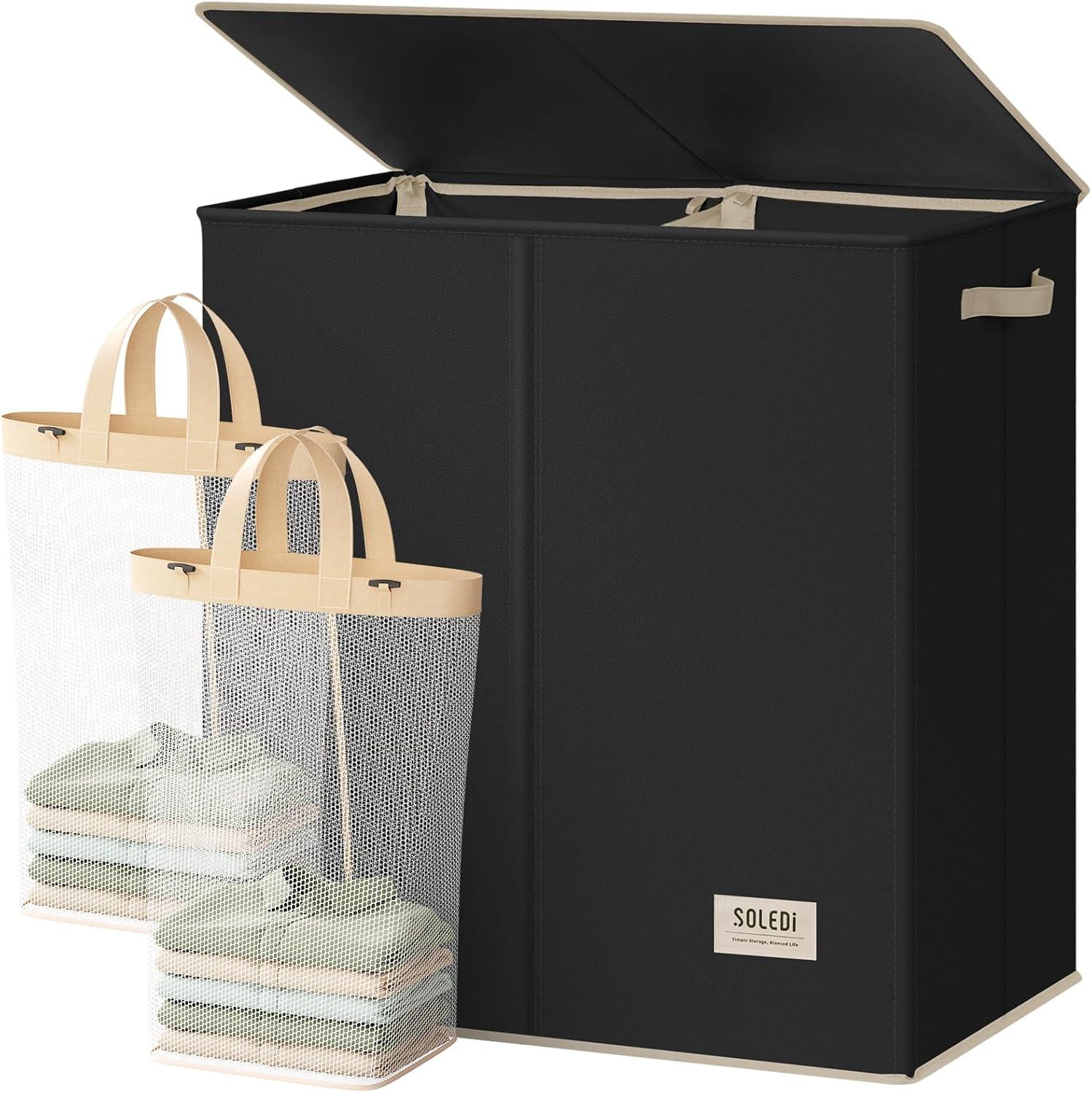 imageSOLEDI Double Laundry Hamper with Lid and Removable bag Large Laundry Basket 2 Section with handles Collapsible Dirty Clothes Hampers for Laundry Bedroom Dorm CollegeBlack