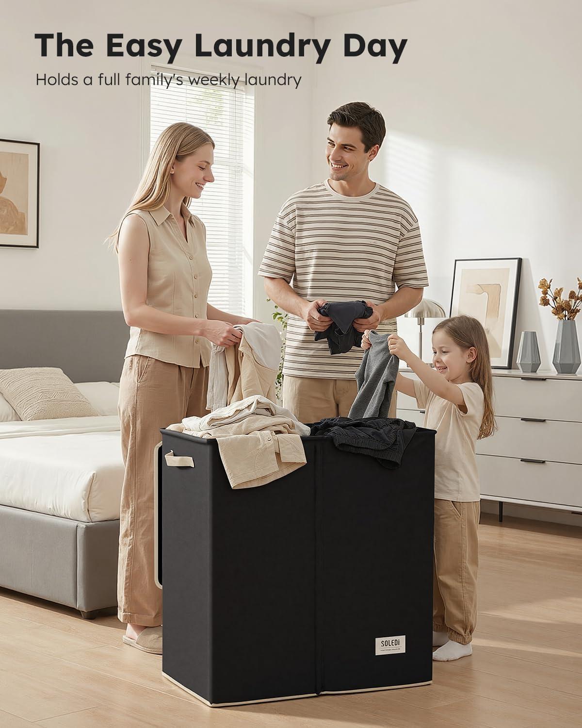 imageSOLEDI Double Laundry Hamper with Lid and Removable bag Large Laundry Basket 2 Section with handles Collapsible Dirty Clothes Hampers for Laundry Bedroom Dorm CollegeBlack