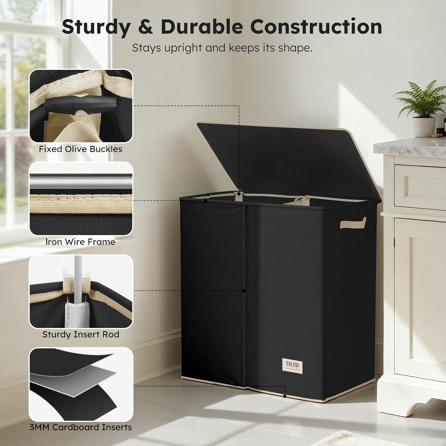 imageSOLEDI Double Laundry Hamper with Lid and Removable bag Large Laundry Basket 2 Section with handles Collapsible Dirty Clothes Hampers for Laundry Bedroom Dorm CollegeBlack