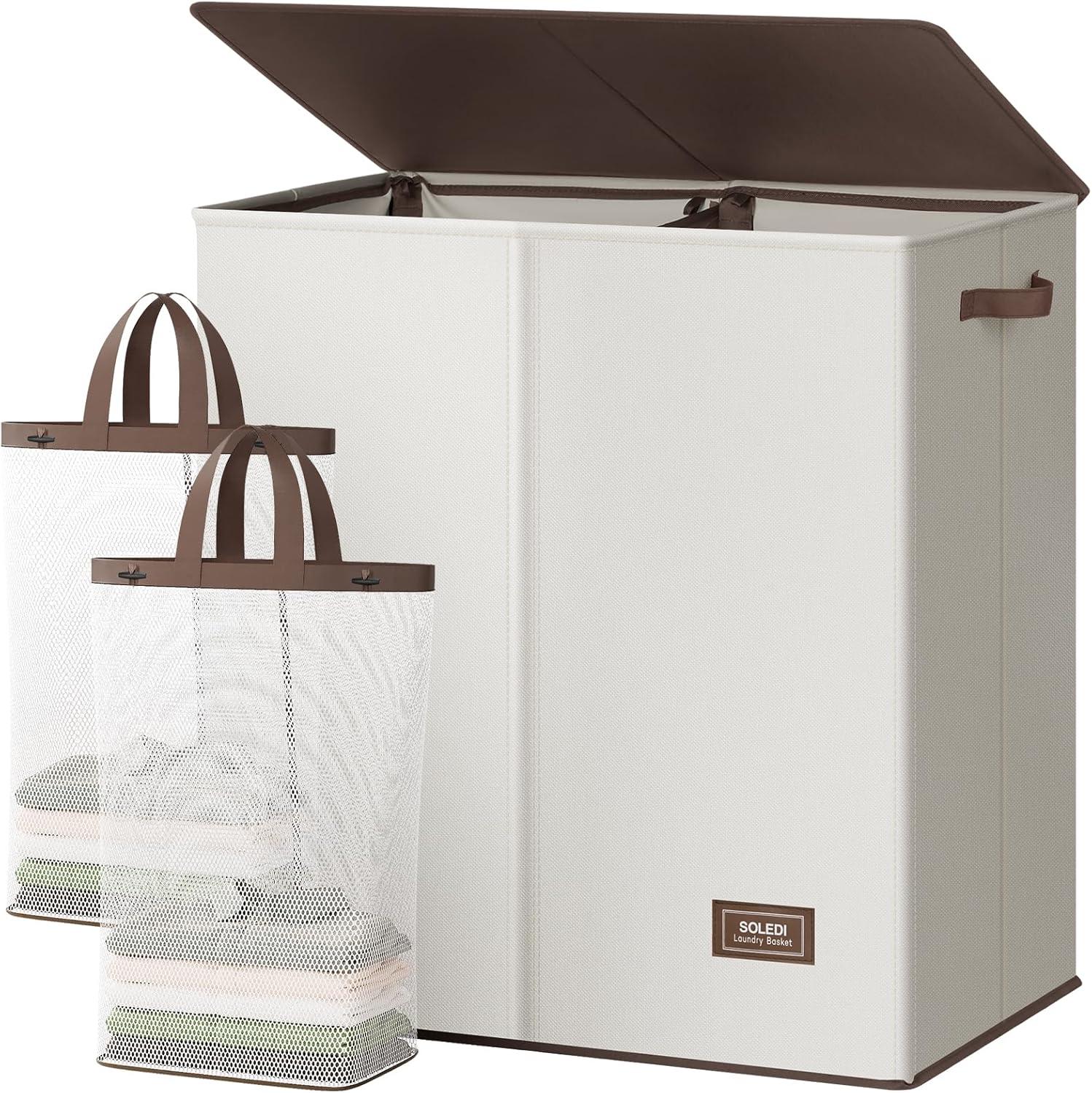 imageSOLEDI Double Laundry Hamper with Lid and Removable bag Large Laundry Basket 2 Section with handles Collapsible Dirty Clothes Hampers for Laundry Bedroom Dorm CollegeOff White