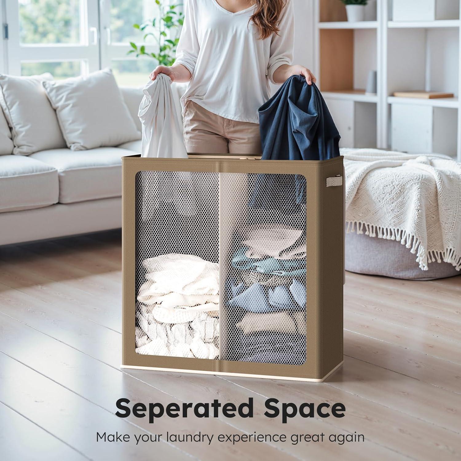 imageSOLEDI Double Laundry Hamper with Lid and Removable bag Large Laundry Basket 2 Section with handles Collapsible Dirty Clothes Hampers for Laundry Bedroom Dorm CollegeChocolate Brown