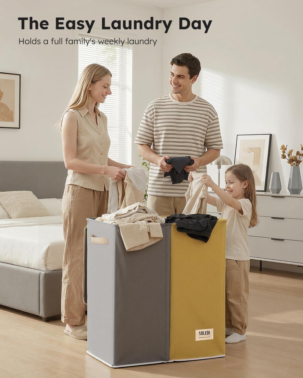 imageSOLEDI Double Laundry Hamper with Lid and Removable bag Large Laundry Basket 2 Section with handles Collapsible Dirty Clothes Hampers for Laundry Bedroom Dorm CollegeMango YellowConcrete Gray