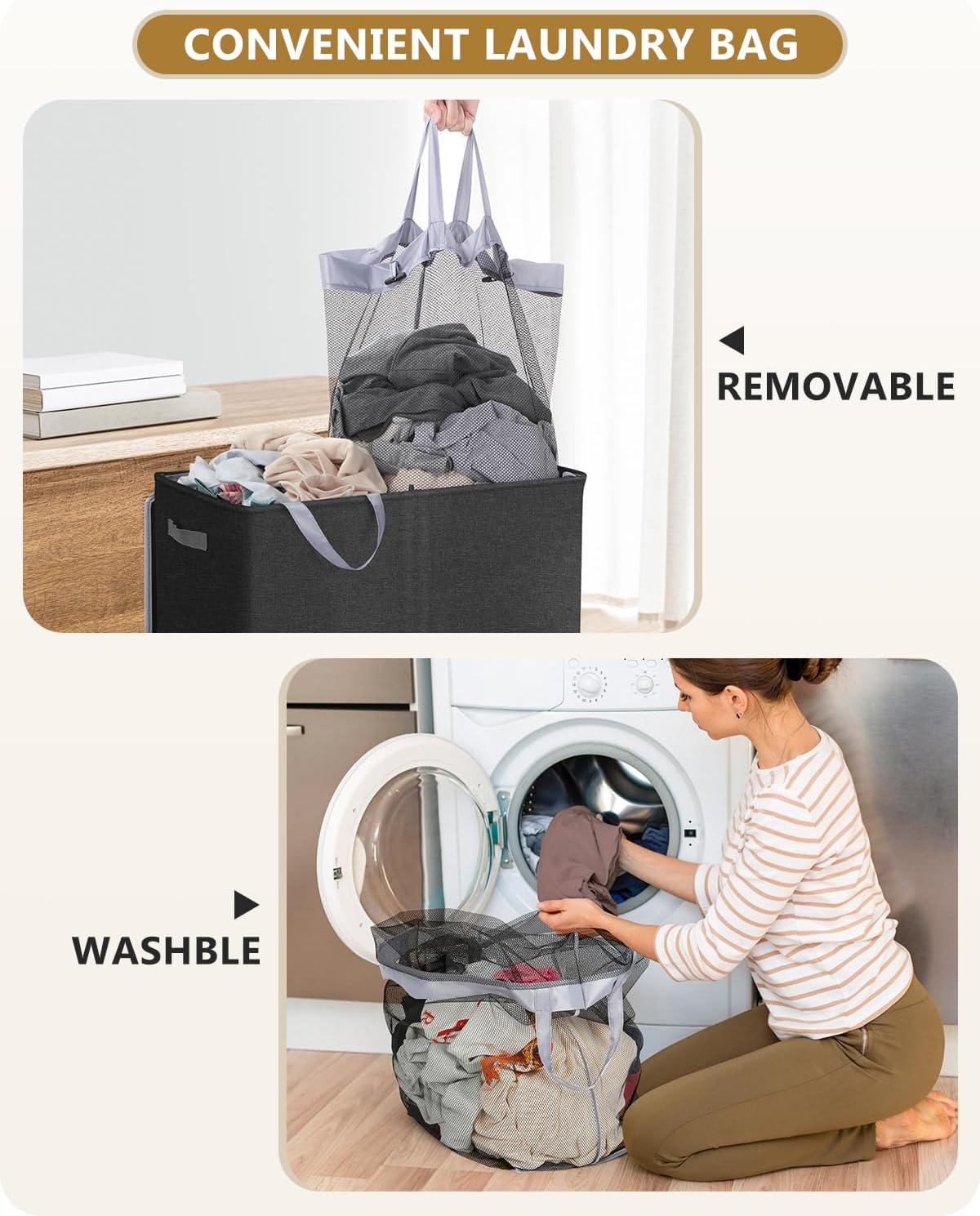 imageSOLEDI Double Laundry Hamper with Lid and Removable bag Large Laundry Basket 2 Section with handles Collapsible Dirty Clothes Hampers for Laundry Bedroom Dorm CollegeDark Grey