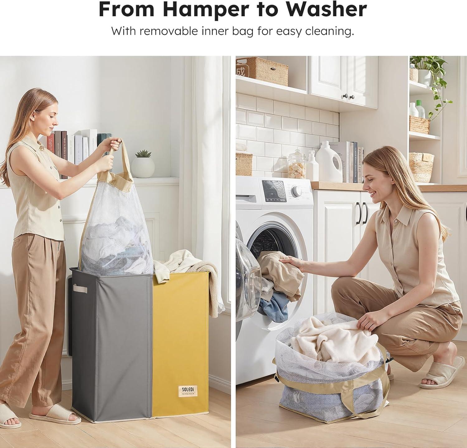 imageSOLEDI Double Laundry Hamper with Lid and Removable bag Large Laundry Basket 2 Section with handles Collapsible Dirty Clothes Hampers for Laundry Bedroom Dorm CollegeMango YellowConcrete Gray
