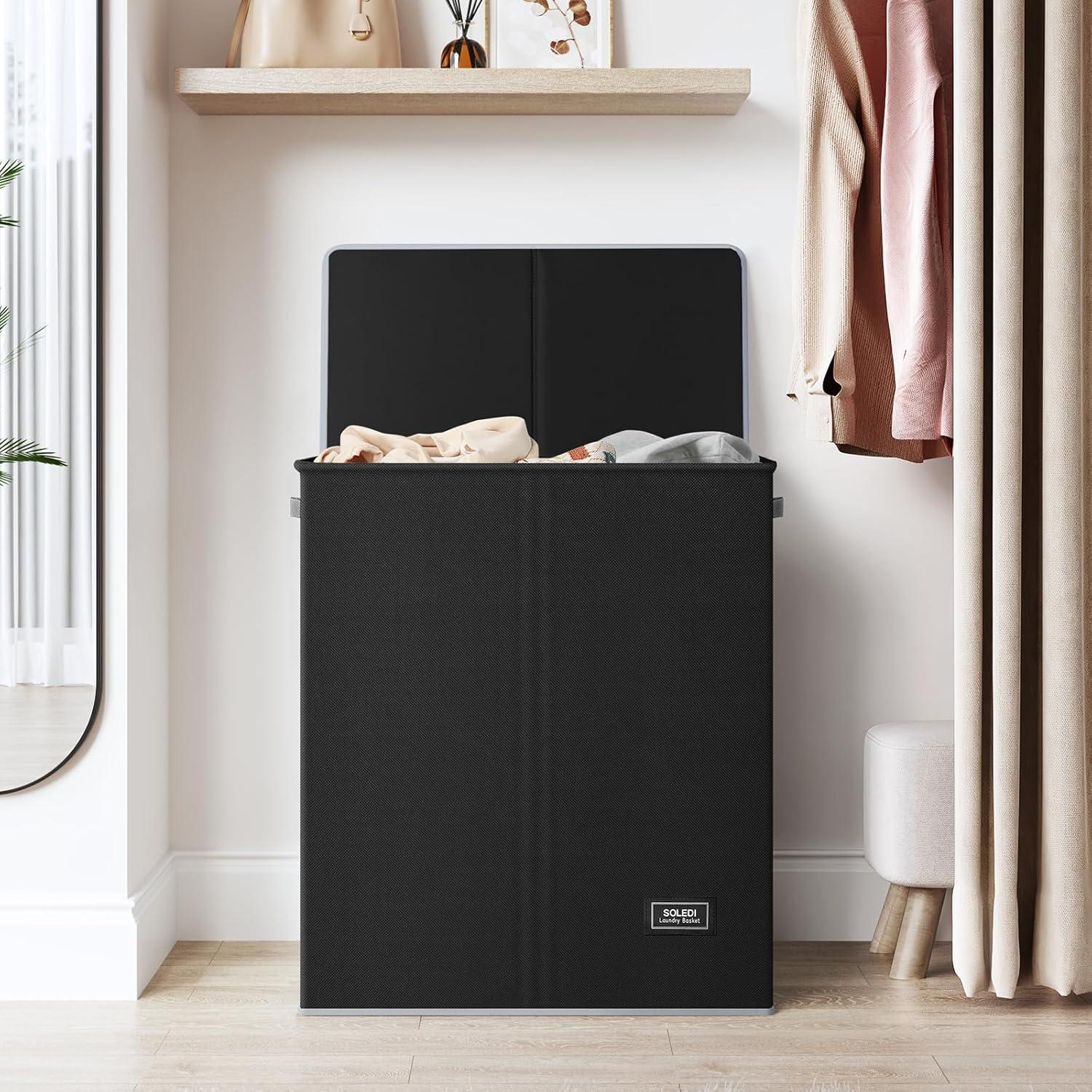 imageSOLEDI Double Laundry Hamper with Lid and Removable bag Large Laundry Basket 2 Section with handles Collapsible Dirty Clothes Hampers for Laundry Bedroom Dorm CollegeBlack
