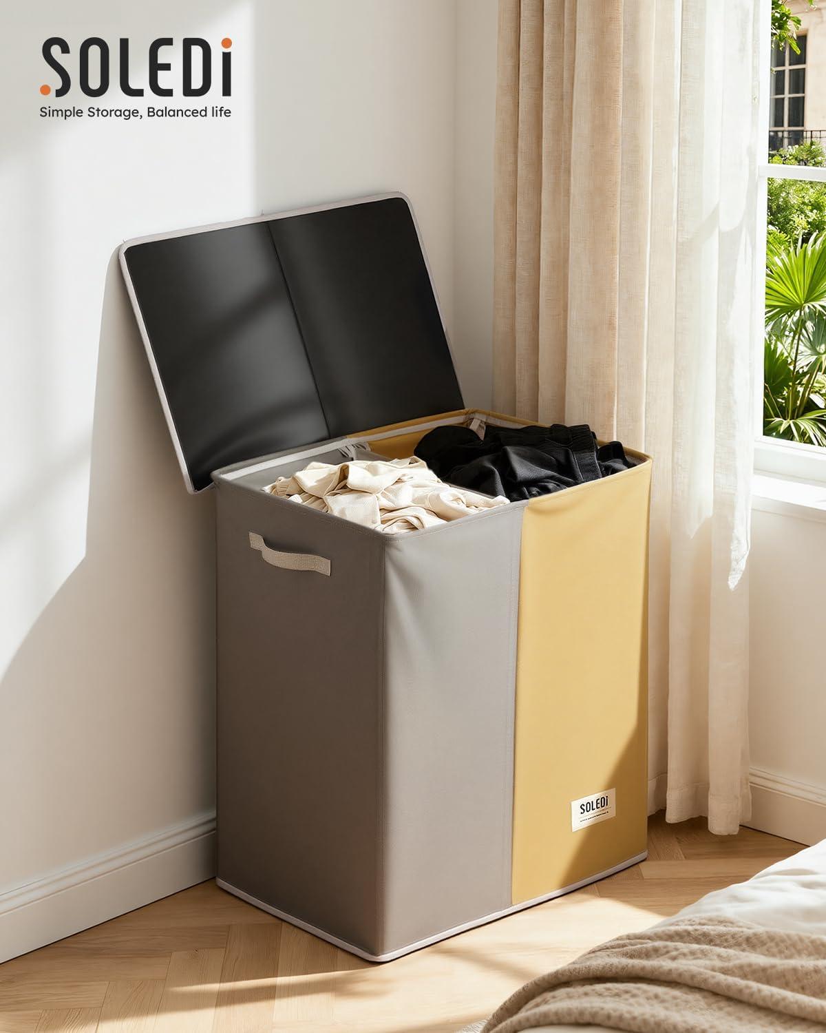 imageSOLEDI Double Laundry Hamper with Lid and Removable bag Large Laundry Basket 2 Section with handles Collapsible Dirty Clothes Hampers for Laundry Bedroom Dorm CollegeMango YellowConcrete Gray