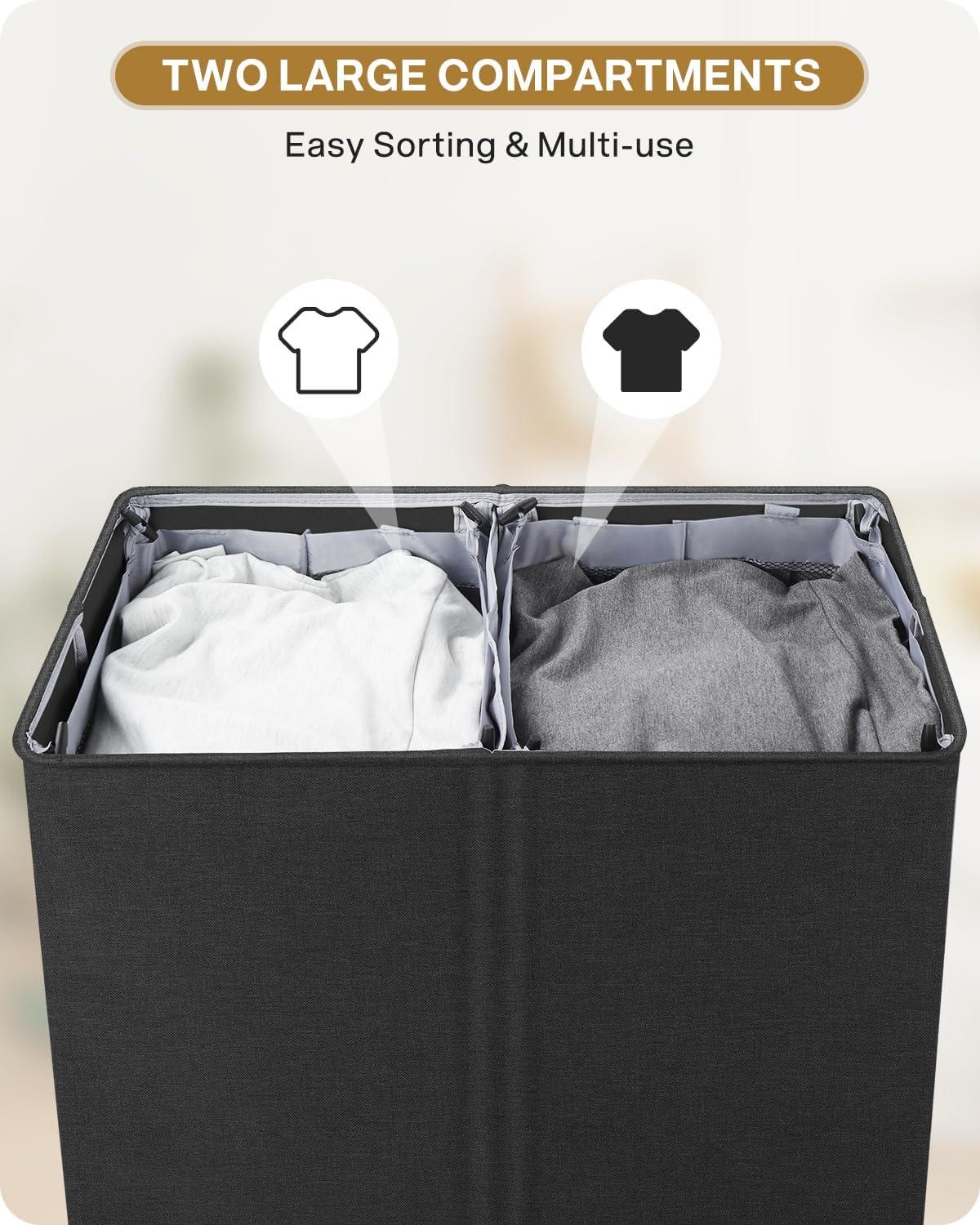 imageSOLEDI Double Laundry Hamper with Lid and Removable bag Large Laundry Basket 2 Section with handles Collapsible Dirty Clothes Hampers for Laundry Bedroom Dorm CollegeDark Grey