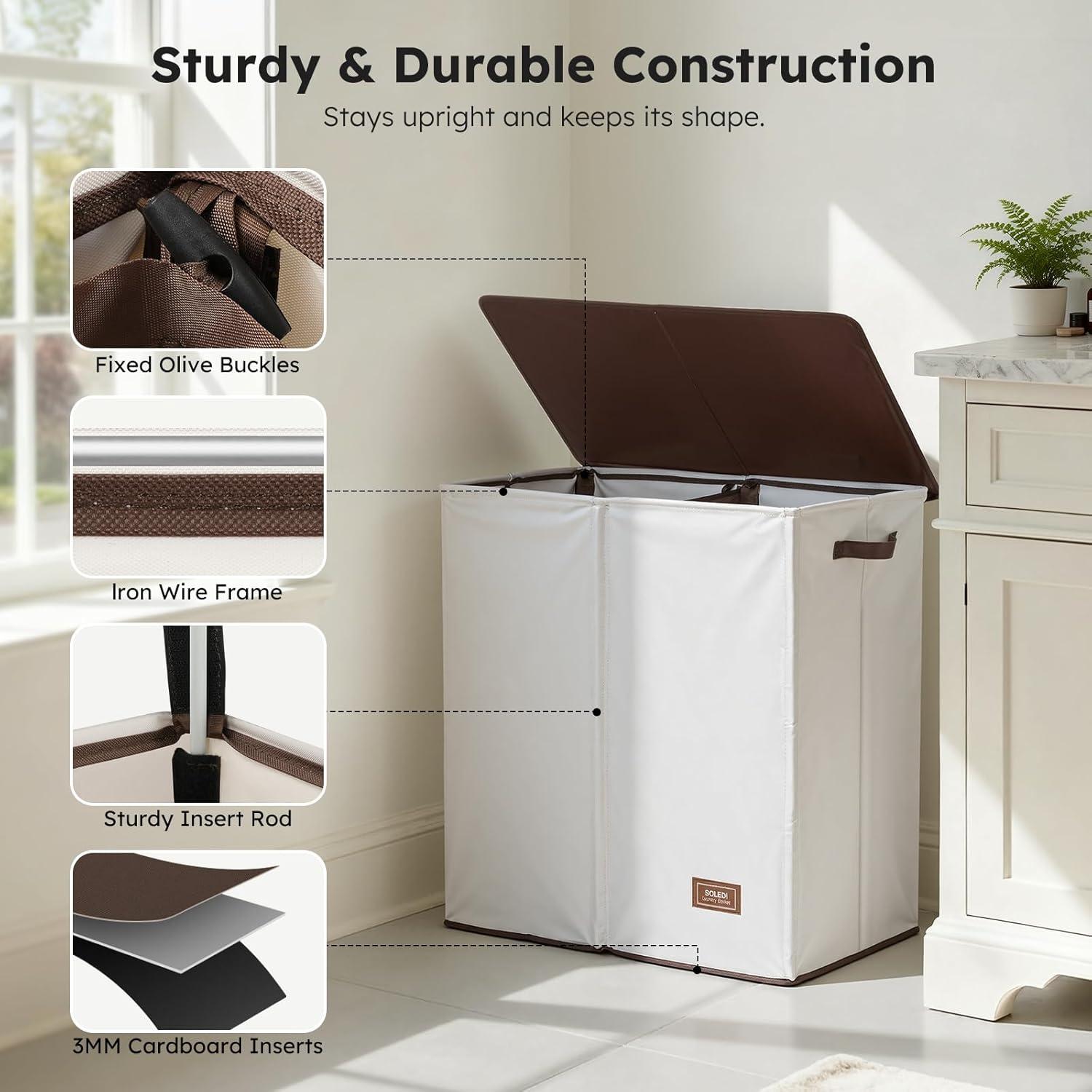 imageSOLEDI Double Laundry Hamper with Lid and Removable bag Large Laundry Basket 2 Section with handles Collapsible Dirty Clothes Hampers for Laundry Bedroom Dorm CollegeOff White