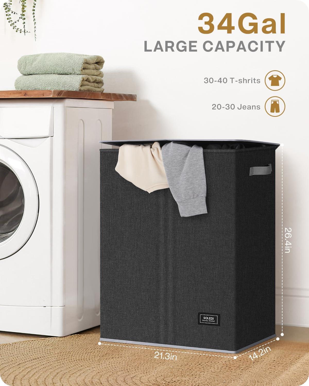 imageSOLEDI Double Laundry Hamper with Lid and Removable bag Large Laundry Basket 2 Section with handles Collapsible Dirty Clothes Hampers for Laundry Bedroom Dorm CollegeDark Grey