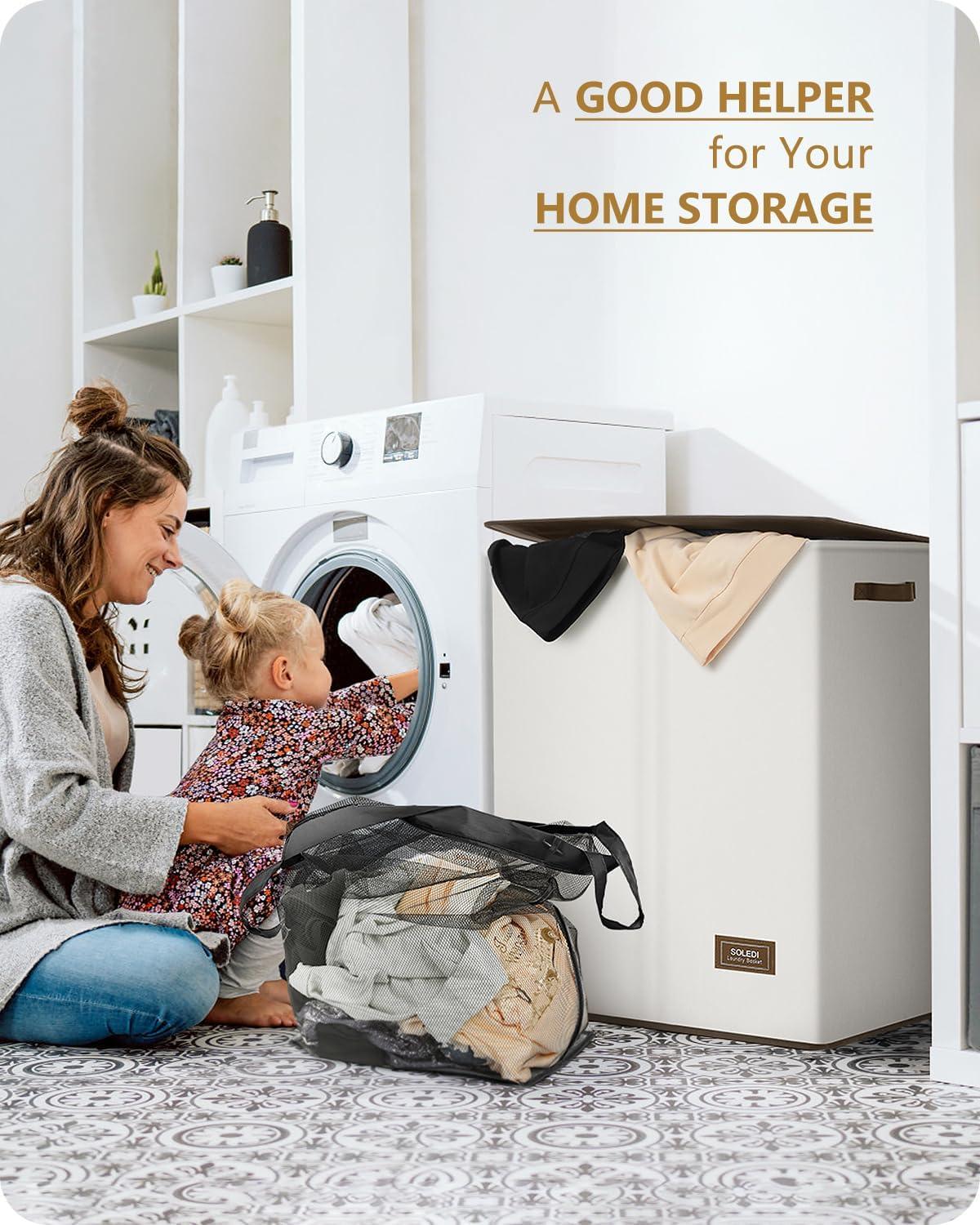 imageSOLEDI Double Laundry Hamper with Lid and Removable bag Large Laundry Basket 2 Section with handles Collapsible Dirty Clothes Hampers for Laundry Bedroom Dorm CollegeOff White