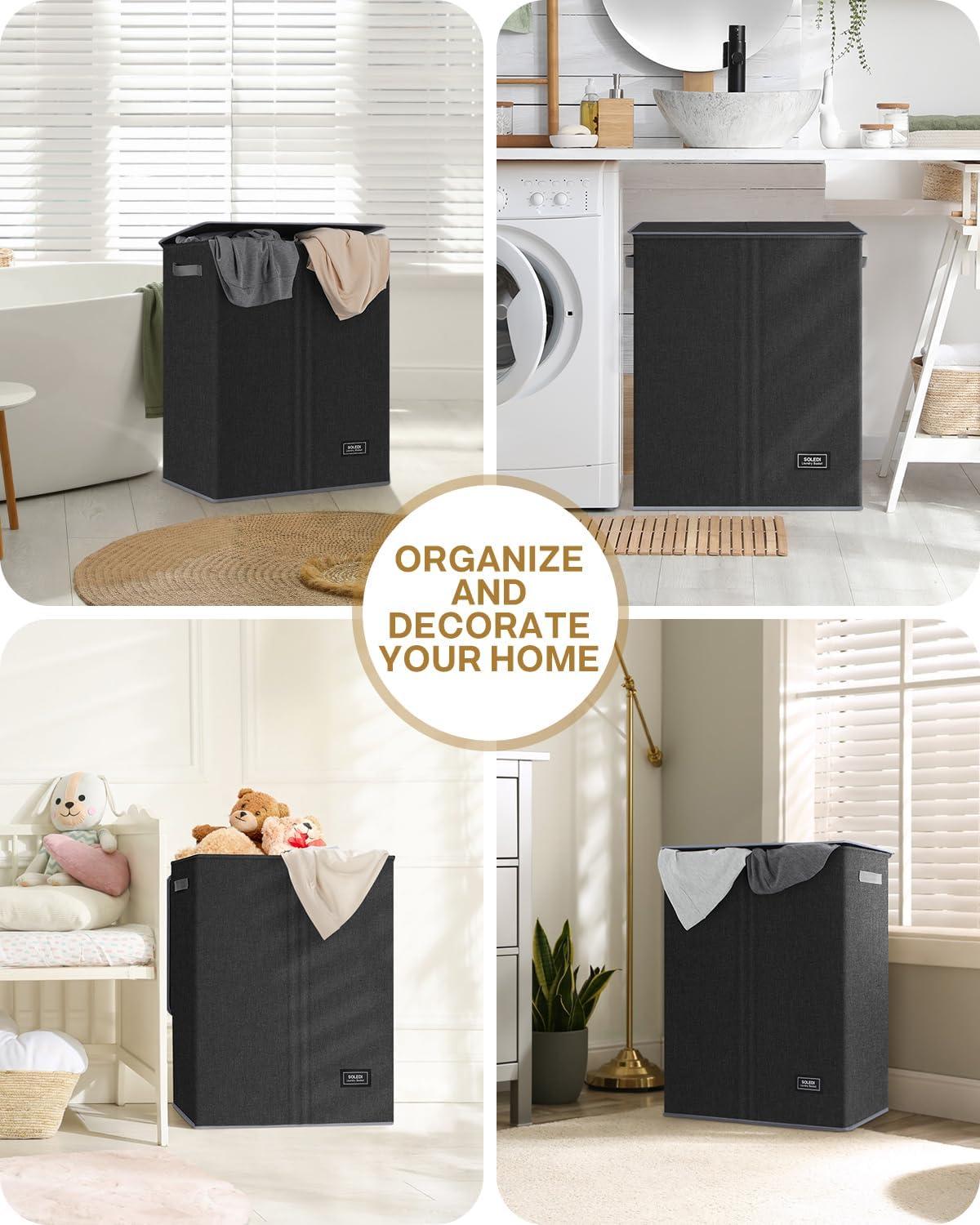 imageSOLEDI Double Laundry Hamper with Lid and Removable bag Large Laundry Basket 2 Section with handles Collapsible Dirty Clothes Hampers for Laundry Bedroom Dorm CollegeDark Grey