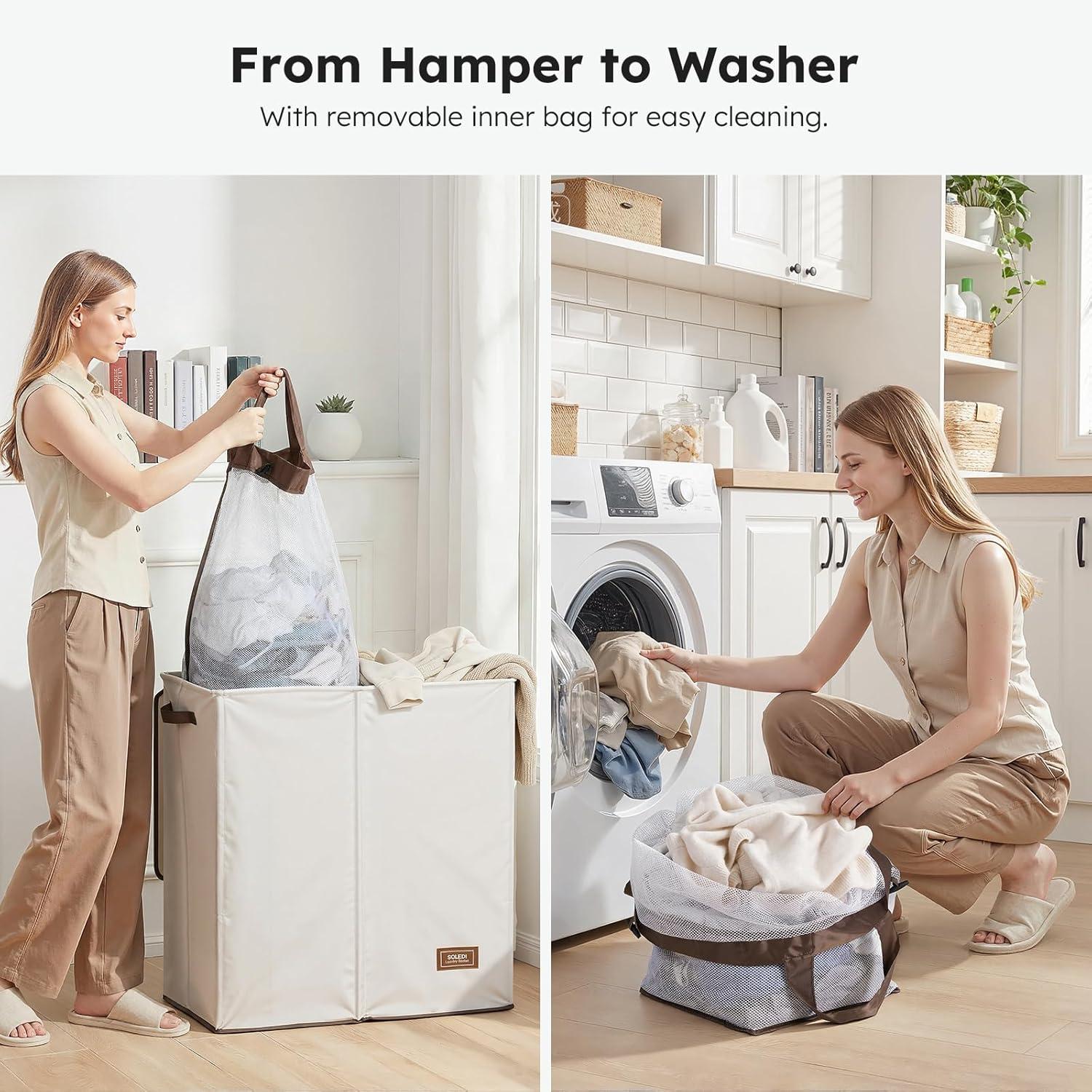 imageSOLEDI Double Laundry Hamper with Lid and Removable bag Large Laundry Basket 2 Section with handles Collapsible Dirty Clothes Hampers for Laundry Bedroom Dorm CollegeOff White