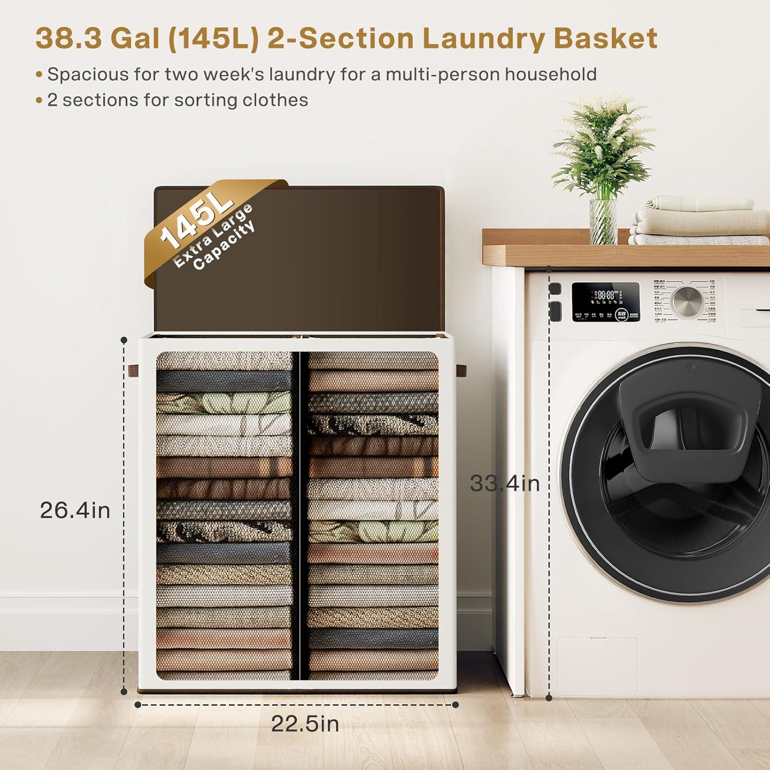 imageSOLEDI Double Laundry Hamper with Lid and Removable bag Large Laundry Basket 2 Section with handles Collapsible Dirty Clothes Hampers for Laundry Bedroom Dorm CollegeOff White