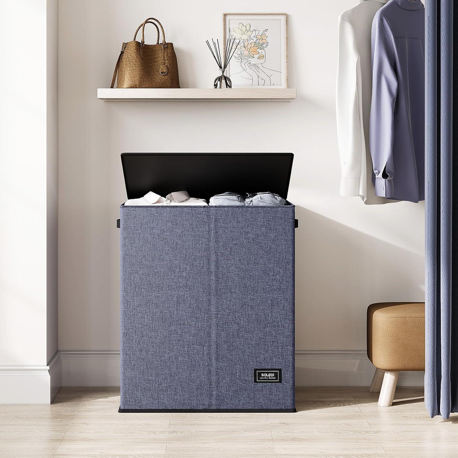 imageSOLEDI Double Laundry Hamper with Lid and Removable bag Large Laundry Basket 2 Section with handles Collapsible Dirty Clothes Hampers for Laundry Bedroom Dorm CollegeNavy blue