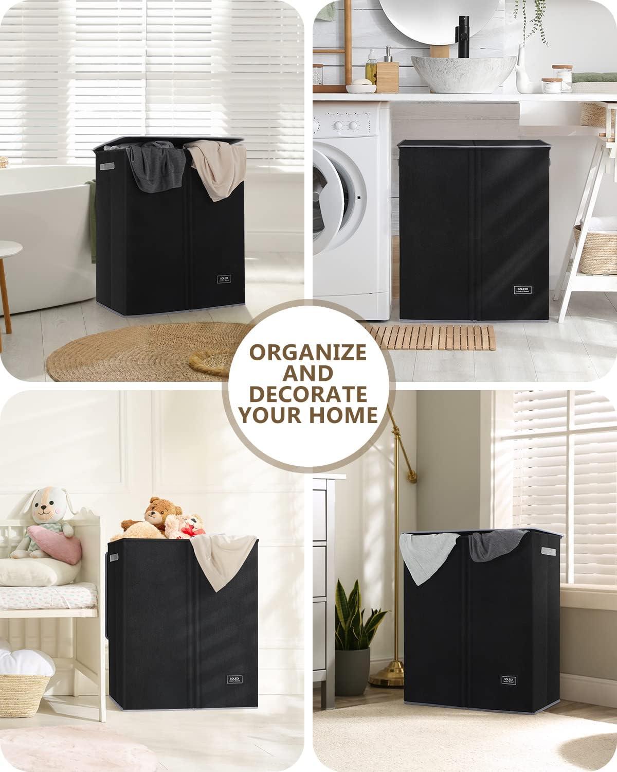 imageSOLEDI Double Laundry Hamper with Lid and Removable bag Large Laundry Basket 2 Section with handles Collapsible Dirty Clothes Hampers for Laundry Bedroom Dorm CollegeBlack