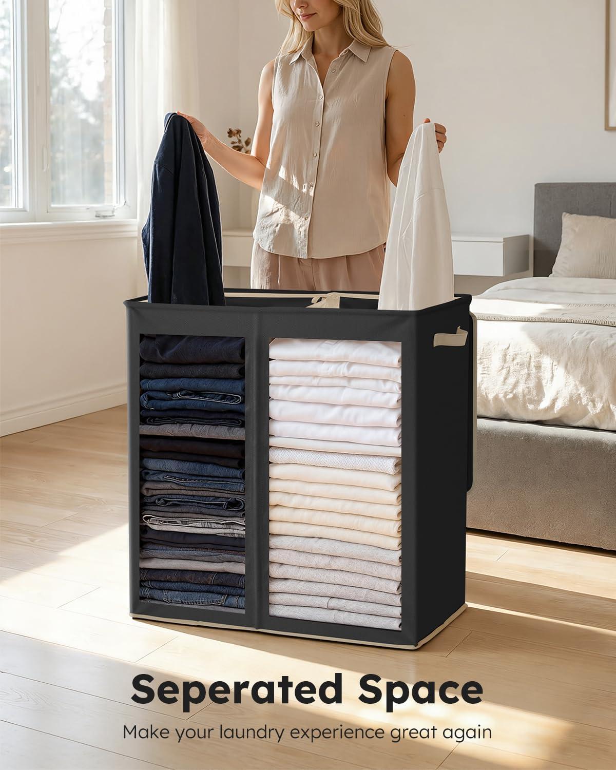 imageSOLEDI Double Laundry Hamper with Lid and Removable bag Large Laundry Basket 2 Section with handles Collapsible Dirty Clothes Hampers for Laundry Bedroom Dorm CollegeBlack