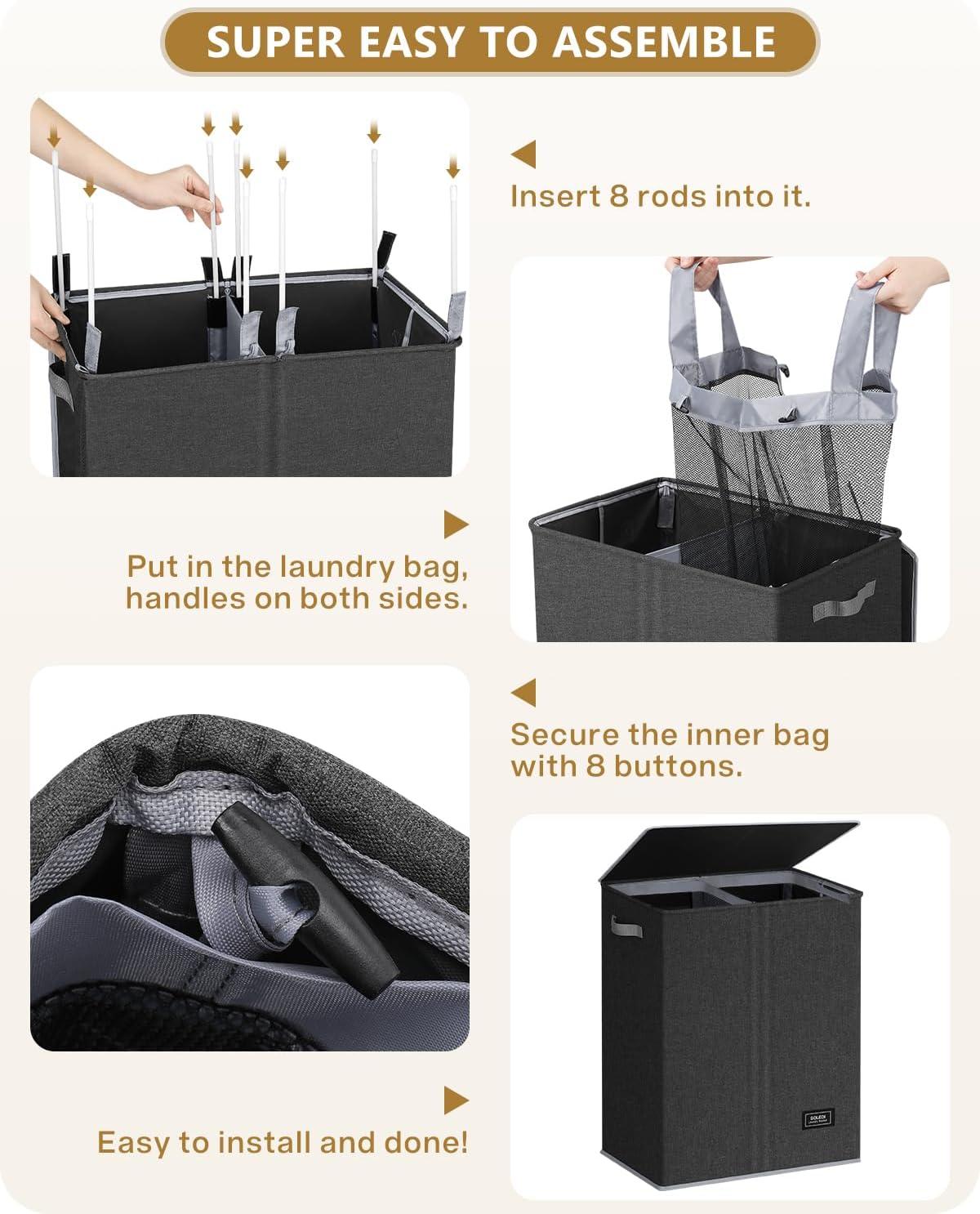 imageSOLEDI Double Laundry Hamper with Lid and Removable bag Large Laundry Basket 2 Section with handles Collapsible Dirty Clothes Hampers for Laundry Bedroom Dorm CollegeDark Grey