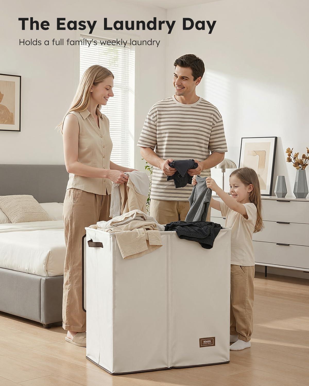 imageSOLEDI Double Laundry Hamper with Lid and Removable bag Large Laundry Basket 2 Section with handles Collapsible Dirty Clothes Hampers for Laundry Bedroom Dorm CollegeOff White