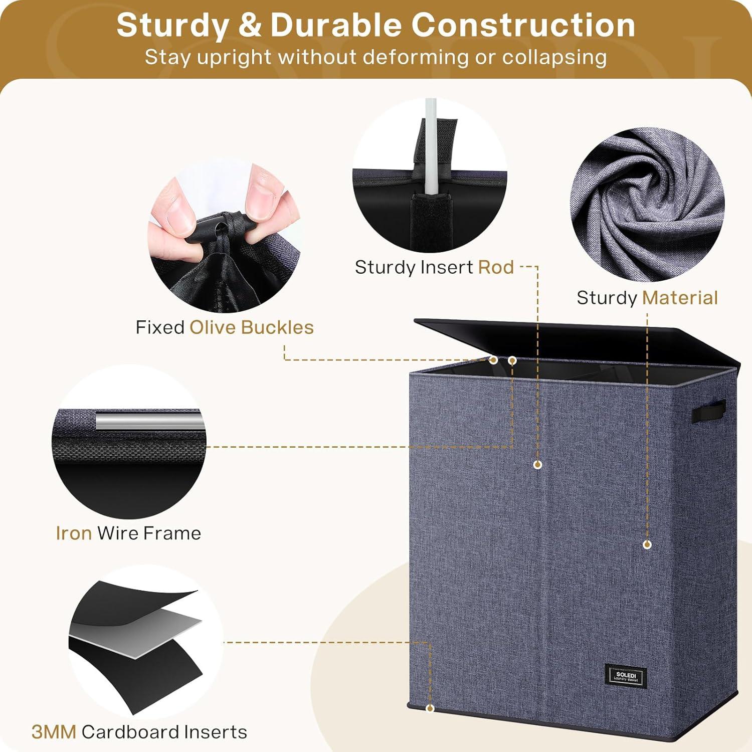 imageSOLEDI Double Laundry Hamper with Lid and Removable bag Large Laundry Basket 2 Section with handles Collapsible Dirty Clothes Hampers for Laundry Bedroom Dorm CollegeNavy blue