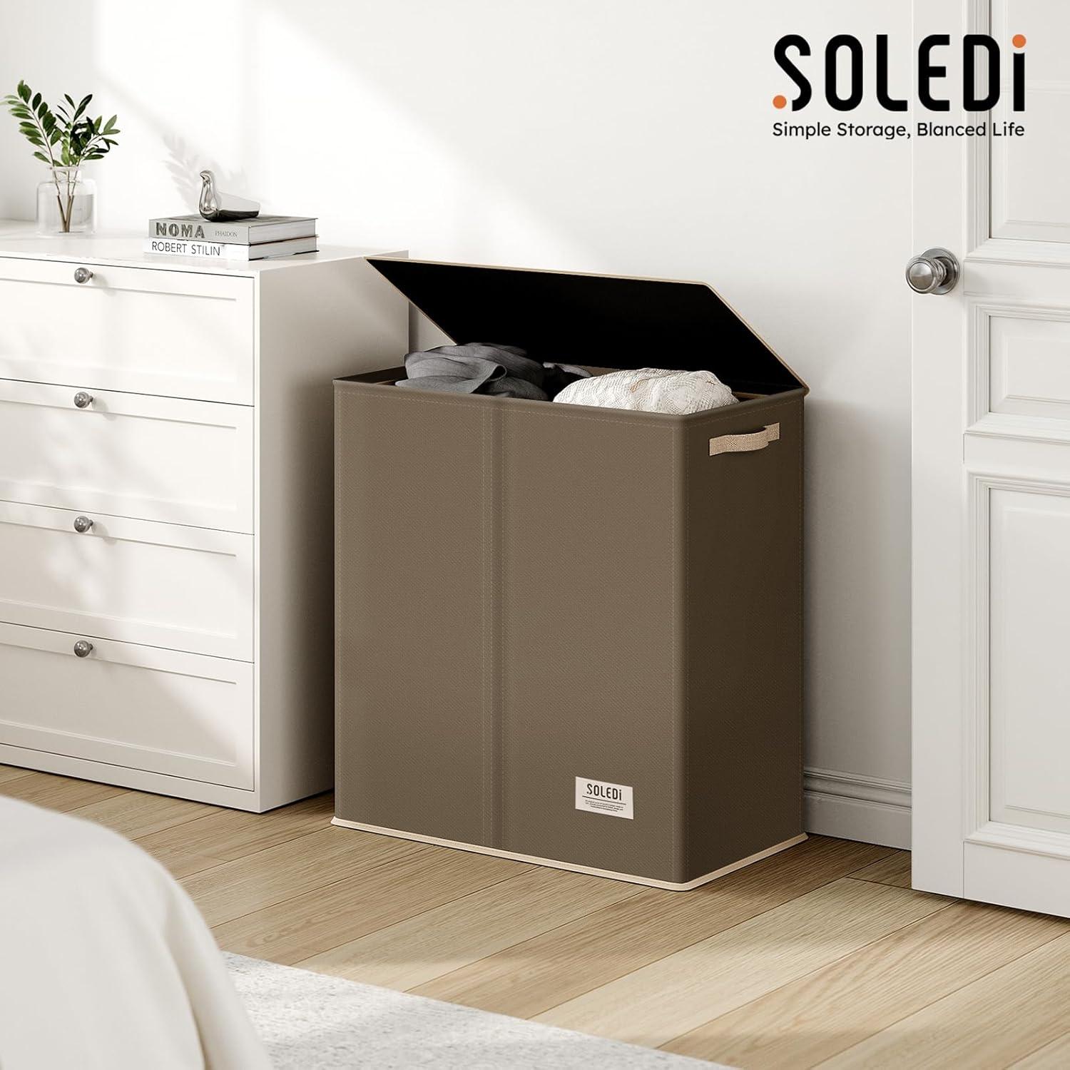 imageSOLEDI Double Laundry Hamper with Lid and Removable bag Large Laundry Basket 2 Section with handles Collapsible Dirty Clothes Hampers for Laundry Bedroom Dorm CollegeChocolate Brown