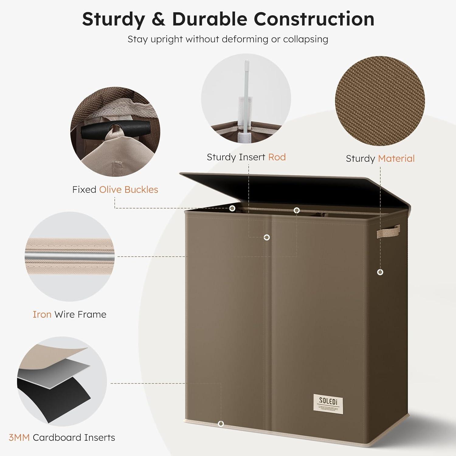 imageSOLEDI Double Laundry Hamper with Lid and Removable bag Large Laundry Basket 2 Section with handles Collapsible Dirty Clothes Hampers for Laundry Bedroom Dorm CollegeChocolate Brown