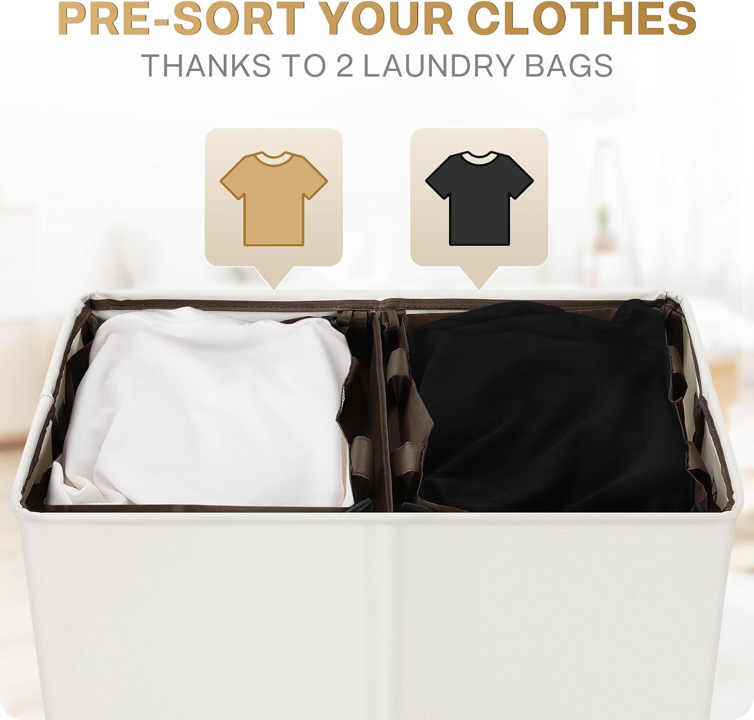 imageSOLEDI Double Laundry Hamper with Lid and Removable bag Large Laundry Basket 2 Section with handles Collapsible Dirty Clothes Hampers for Laundry Bedroom Dorm CollegeOff White