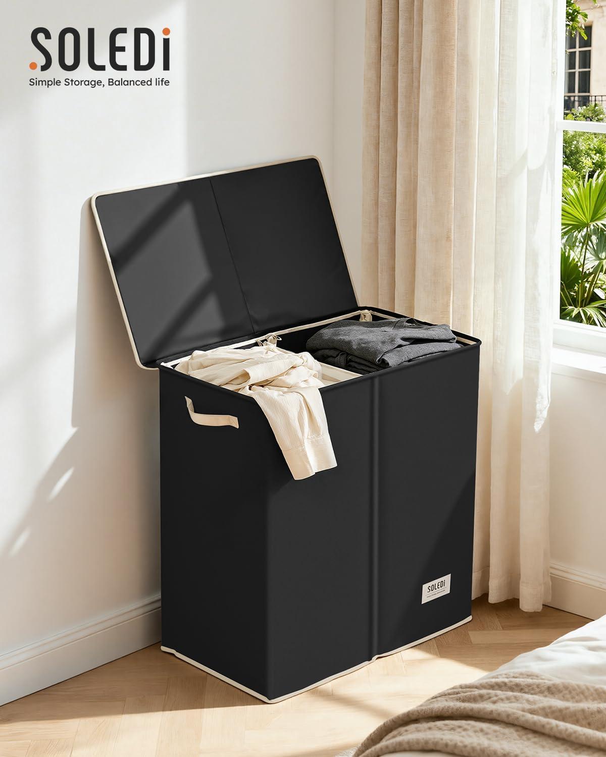 imageSOLEDI Double Laundry Hamper with Lid and Removable bag Large Laundry Basket 2 Section with handles Collapsible Dirty Clothes Hampers for Laundry Bedroom Dorm CollegeBlack