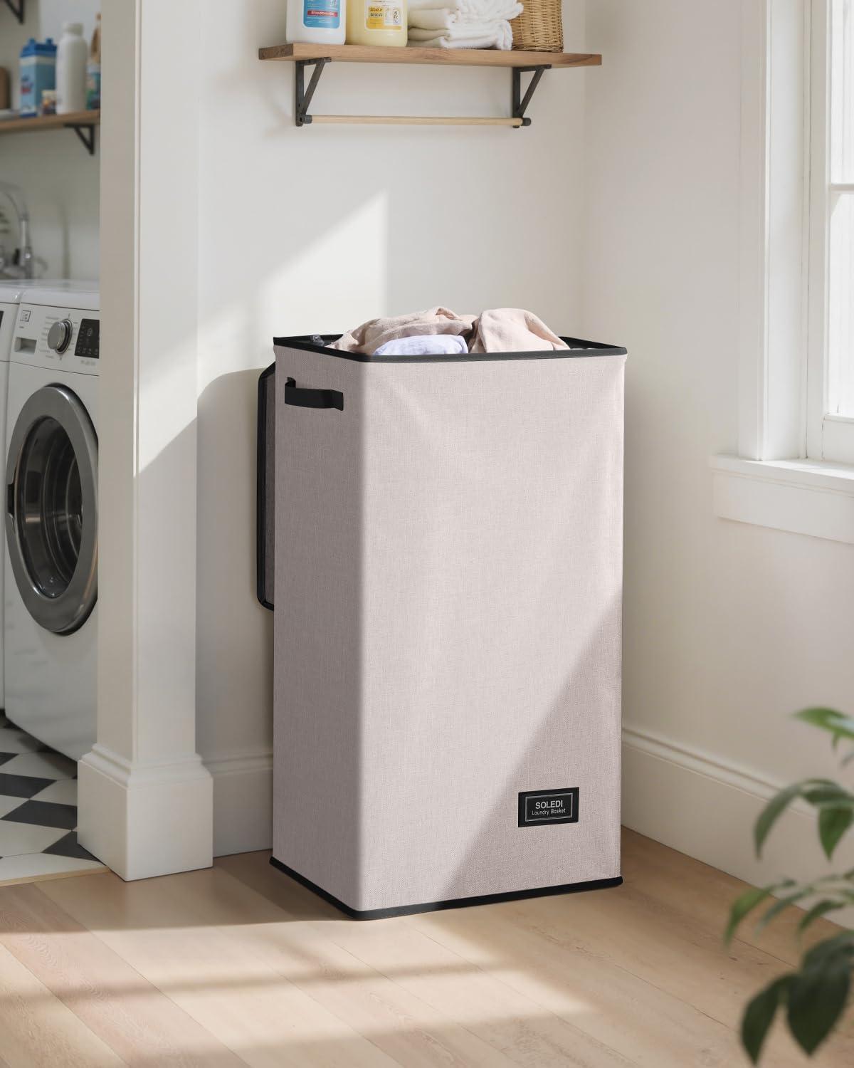 imageSOLEDI Laundry Hamper with Lid 100L Large amp Tall Collapsible Laundry Basket Clothes Hamper with Bag Removable Easy to Carry Dirty Hampers for Bedroom Bathroom Dorm College GreyLight taupe