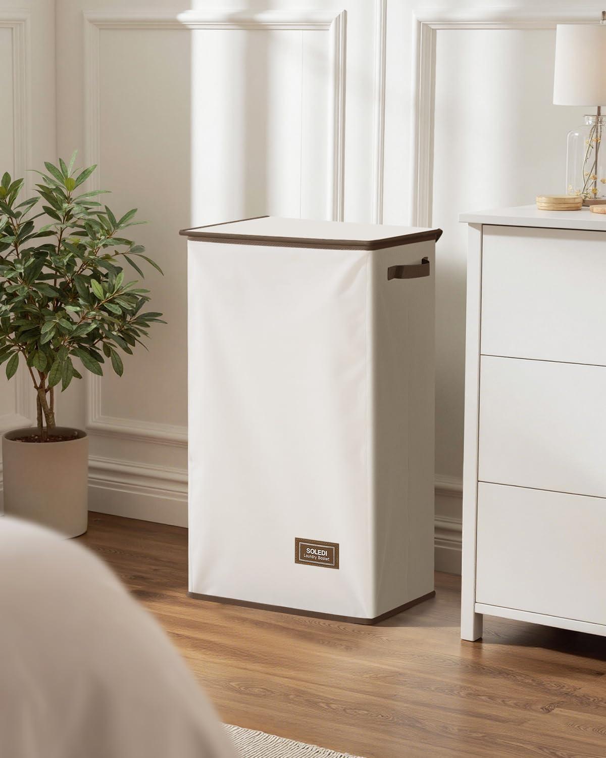 imageSOLEDI Laundry Hamper with Lid 100L Large amp Tall Collapsible Laundry Basket Clothes Hamper with Bag Removable Easy to Carry Dirty Hampers for Bedroom Bathroom Dorm College GreyOffWhite
