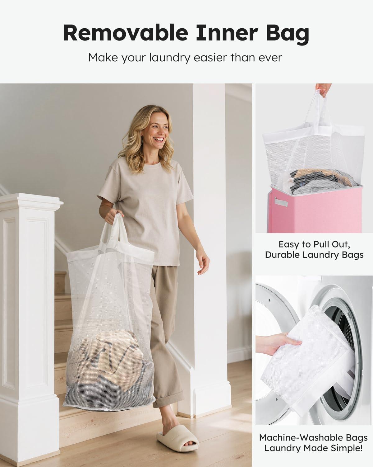 imageSOLEDI Laundry Hamper with Lid 100L Large amp Tall Collapsible Laundry Basket Clothes Hamper with Bag Removable Easy to Carry Dirty Hampers for Bedroom Bathroom Dorm College GreyPink