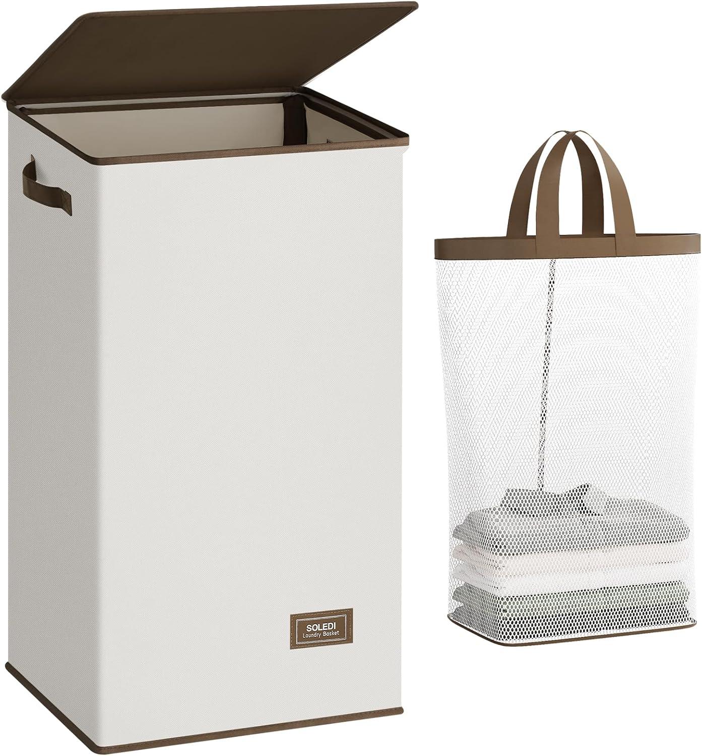 imageSOLEDI Laundry Hamper with Lid 100L Large amp Tall Collapsible Laundry Basket Clothes Hamper with Bag Removable Easy to Carry Dirty Hampers for Bedroom Bathroom Dorm College GreyOffWhite