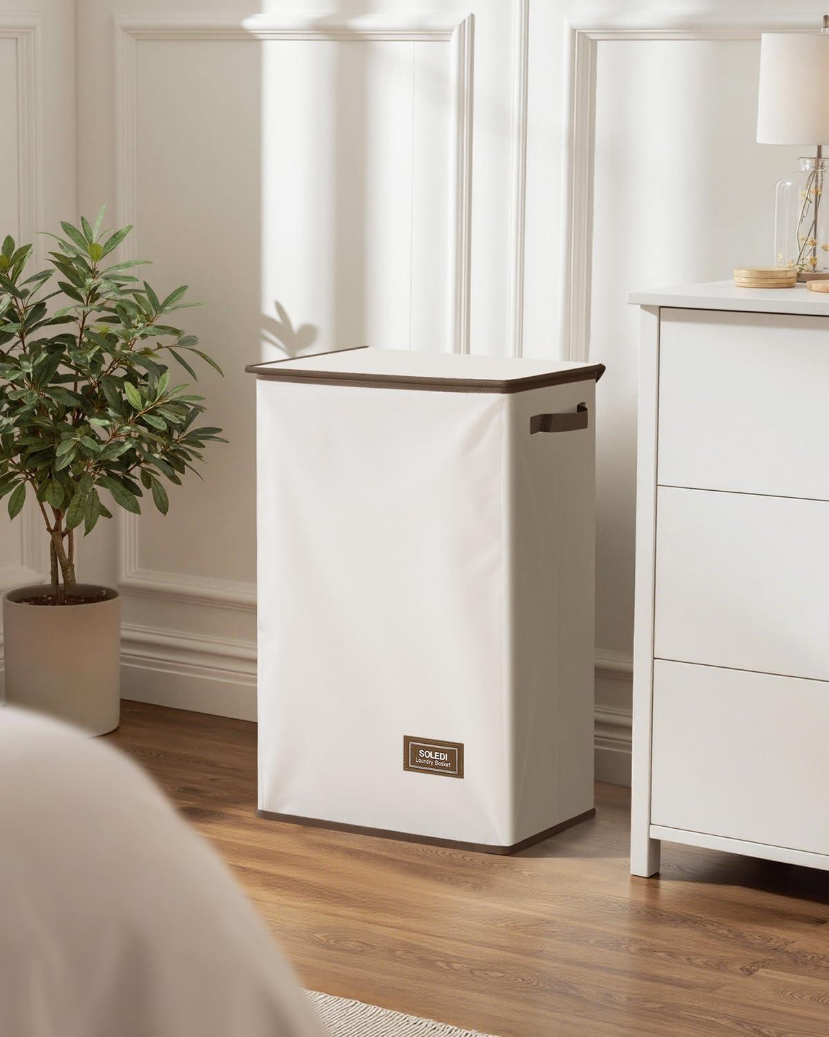 imageSOLEDI Laundry Hamper with Lid 100L Large amp Tall Collapsible Laundry Basket Clothes Hamper with Bag Removable Easy to Carry Dirty Hampers for Bedroom Bathroom Dorm College GreyOffWhite