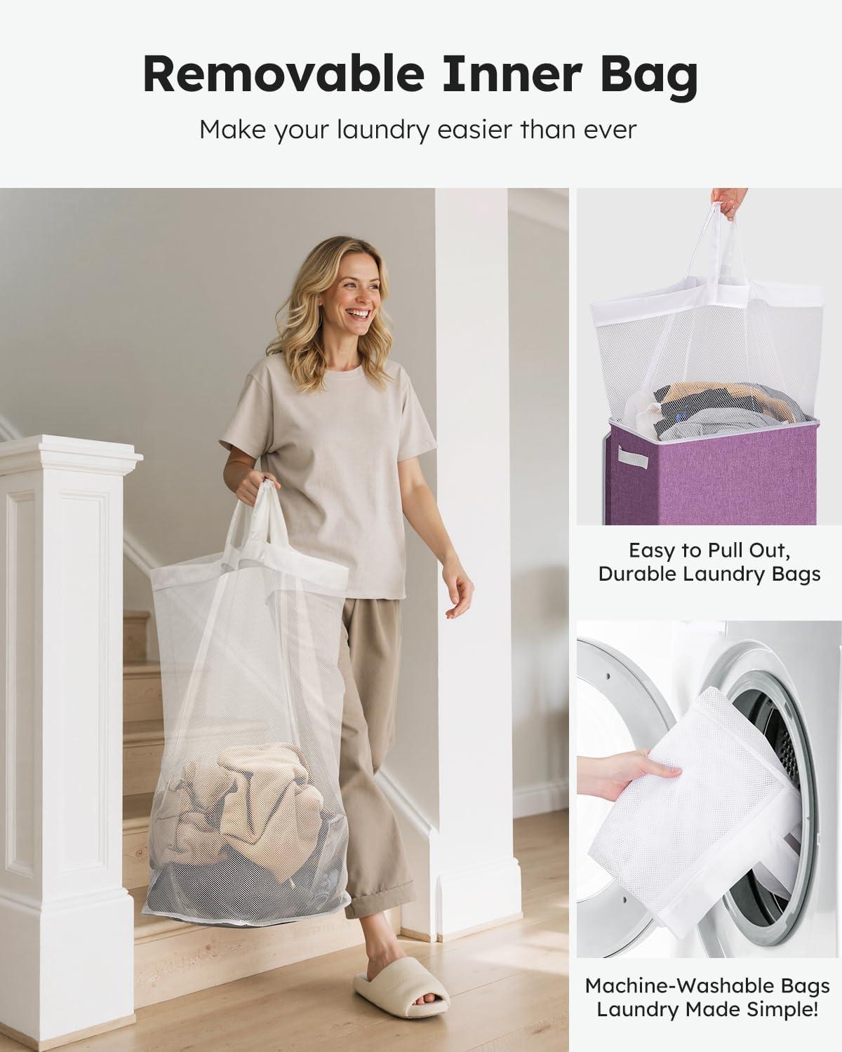 imageSOLEDI Laundry Hamper with Lid 100L Large amp Tall Collapsible Laundry Basket Clothes Hamper with Bag Removable Easy to Carry Dirty Hampers for Bedroom Bathroom Dorm College GreyPurple