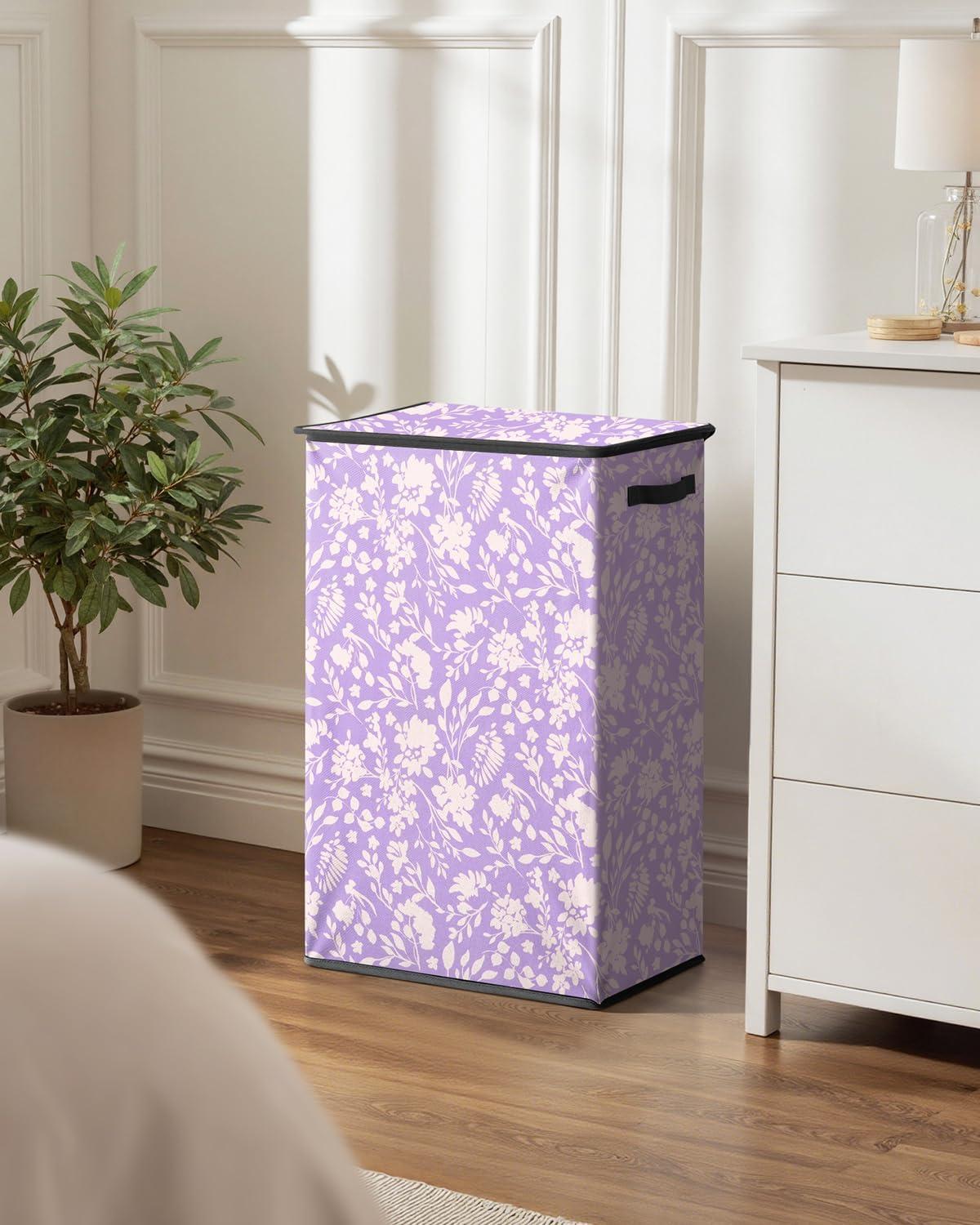 imageSOLEDI Laundry Hamper with Lid 100L Large amp Tall Collapsible Laundry Basket Clothes Hamper with Bag Removable Easy to Carry Dirty Hampers for Bedroom Bathroom Dorm College GreyPurple and flower