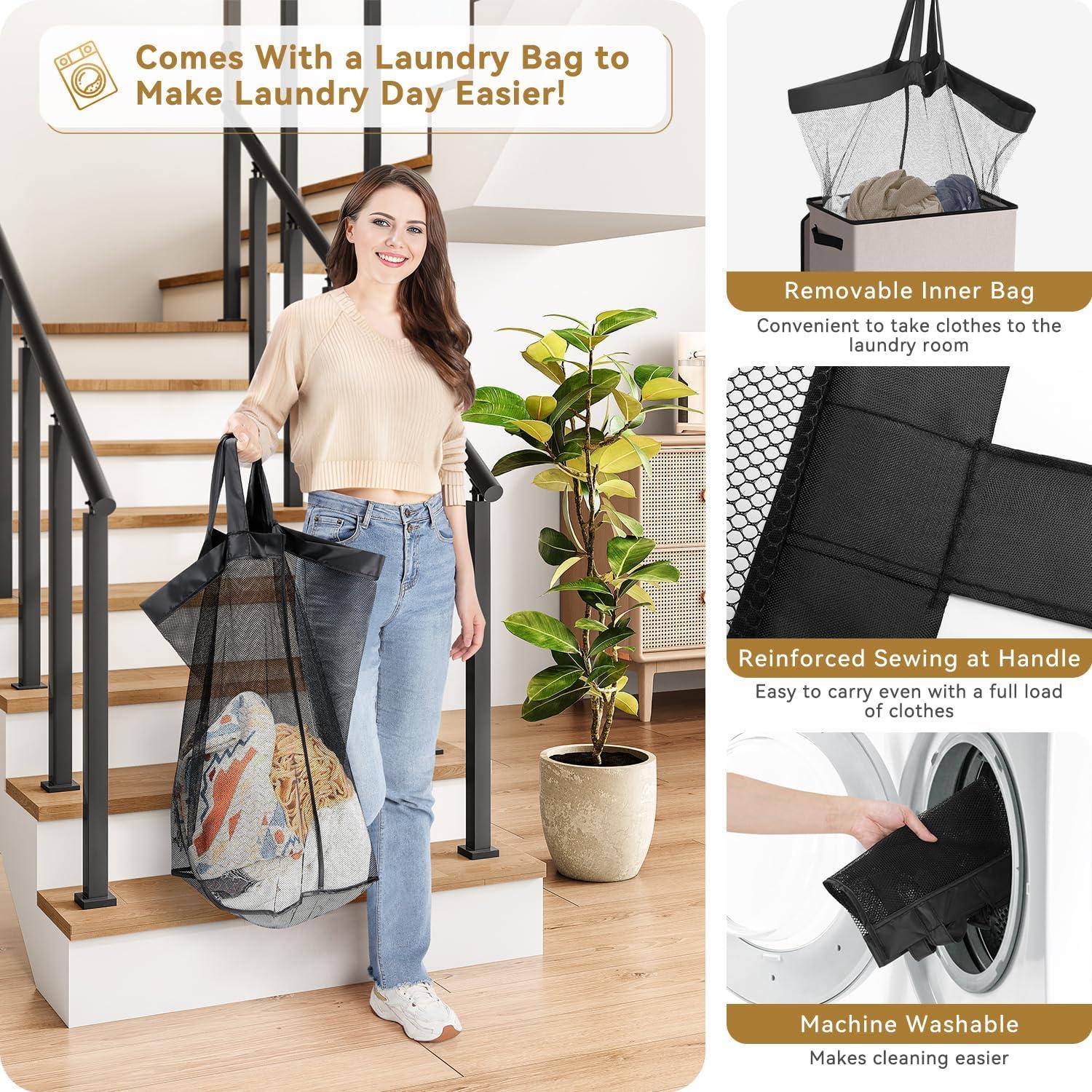 imageSOLEDI Laundry Hamper with Lid 100L Large amp Tall Collapsible Laundry Basket Clothes Hamper with Bag Removable Easy to Carry Dirty Hampers for Bedroom Bathroom Dorm College GreyLight taupe