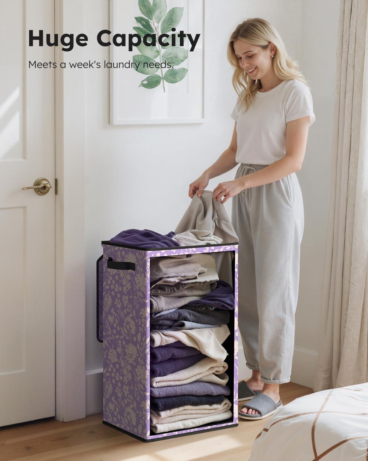 imageSOLEDI Laundry Hamper with Lid 100L Large amp Tall Collapsible Laundry Basket Clothes Hamper with Bag Removable Easy to Carry Dirty Hampers for Bedroom Bathroom Dorm College GreyPurple and flower