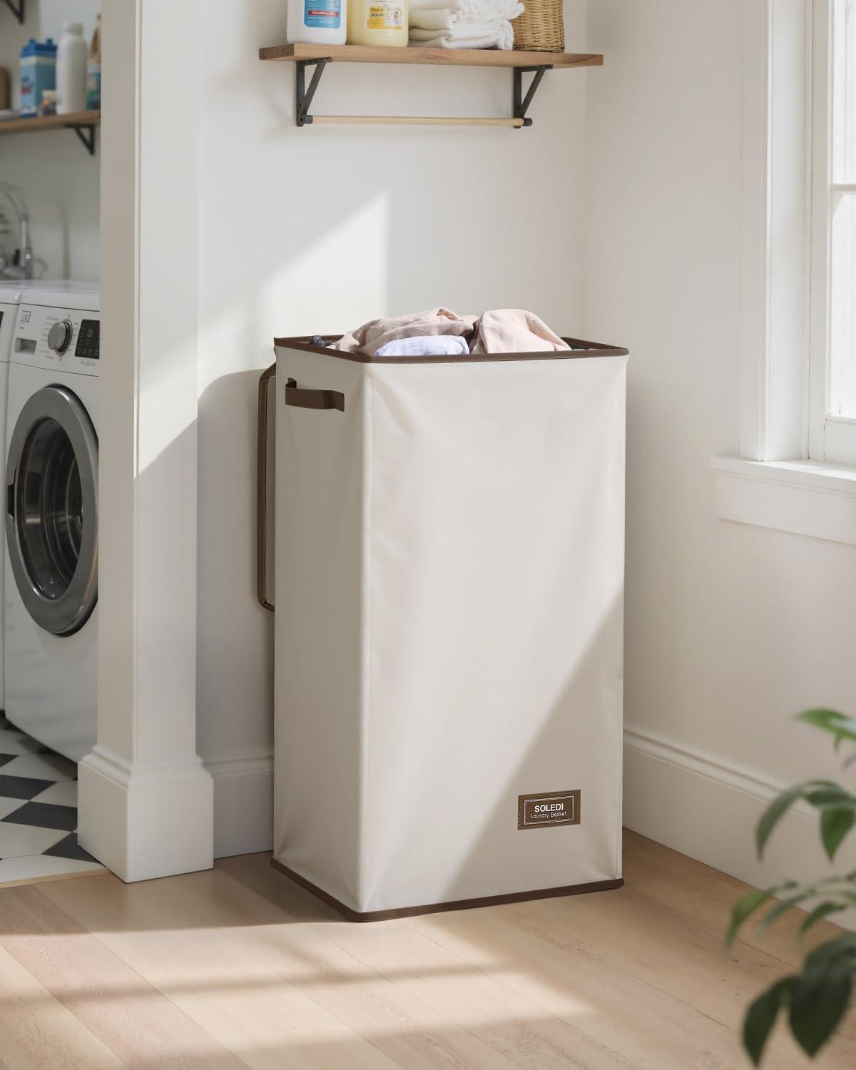 imageSOLEDI Laundry Hamper with Lid 100L Large amp Tall Collapsible Laundry Basket Clothes Hamper with Bag Removable Easy to Carry Dirty Hampers for Bedroom Bathroom Dorm College GreyOffWhite