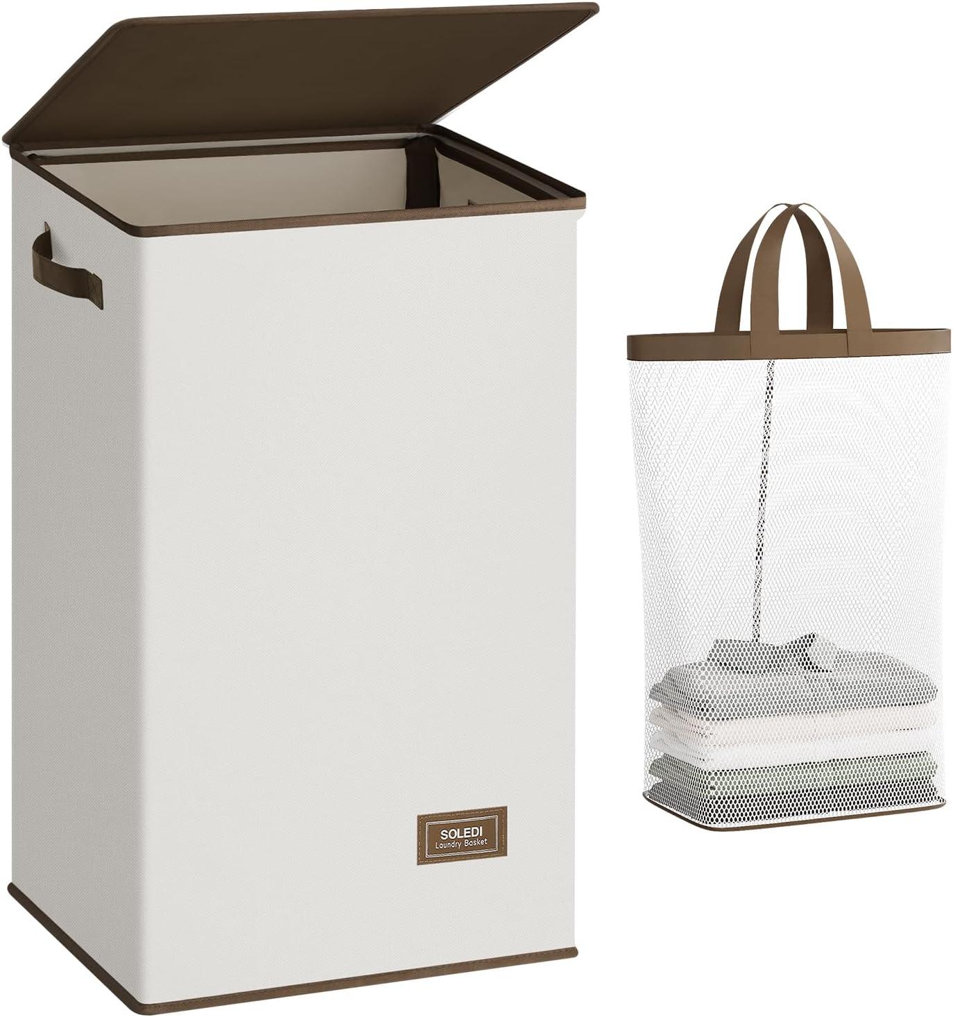 imageSOLEDI Laundry Hamper with Lid 100L Large amp Tall Collapsible Laundry Basket Clothes Hamper with Bag Removable Easy to Carry Dirty Hampers for Bedroom Bathroom Dorm College GreyOffWhite