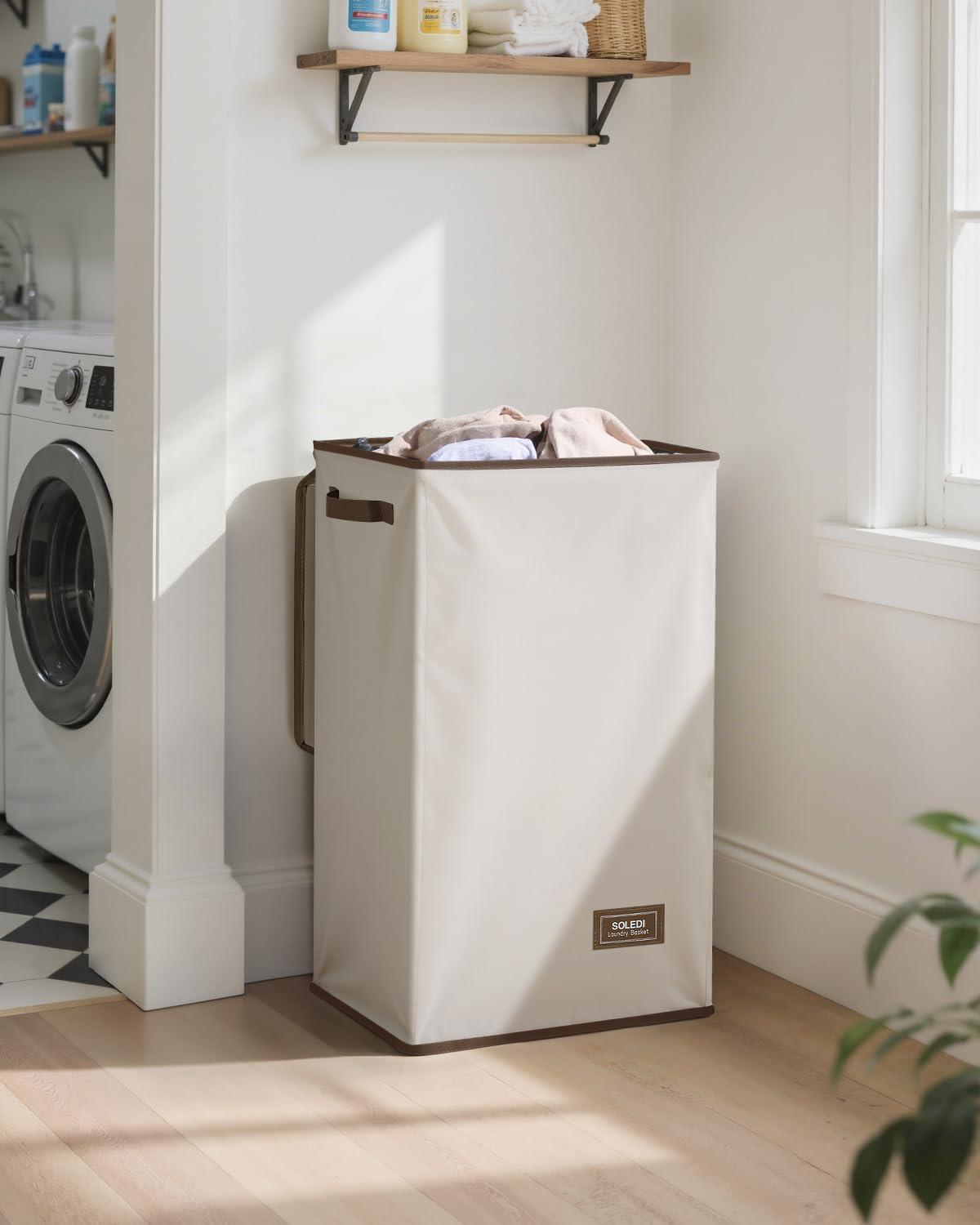 imageSOLEDI Laundry Hamper with Lid 100L Large amp Tall Collapsible Laundry Basket Clothes Hamper with Bag Removable Easy to Carry Dirty Hampers for Bedroom Bathroom Dorm College GreyOffWhite